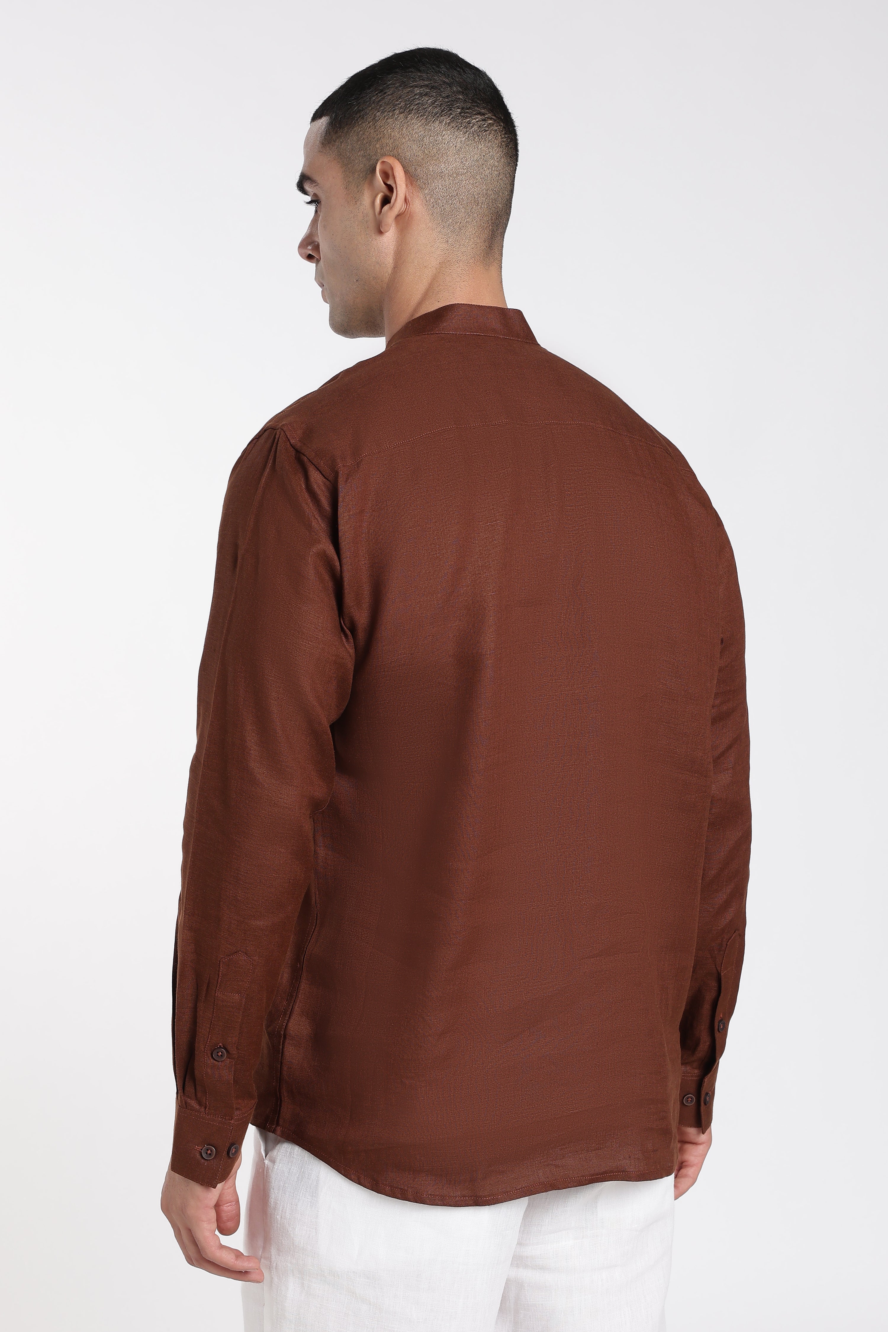 Premium Men’s Rust Brown Linen Mandarin Collar Kurta | Linen Culture