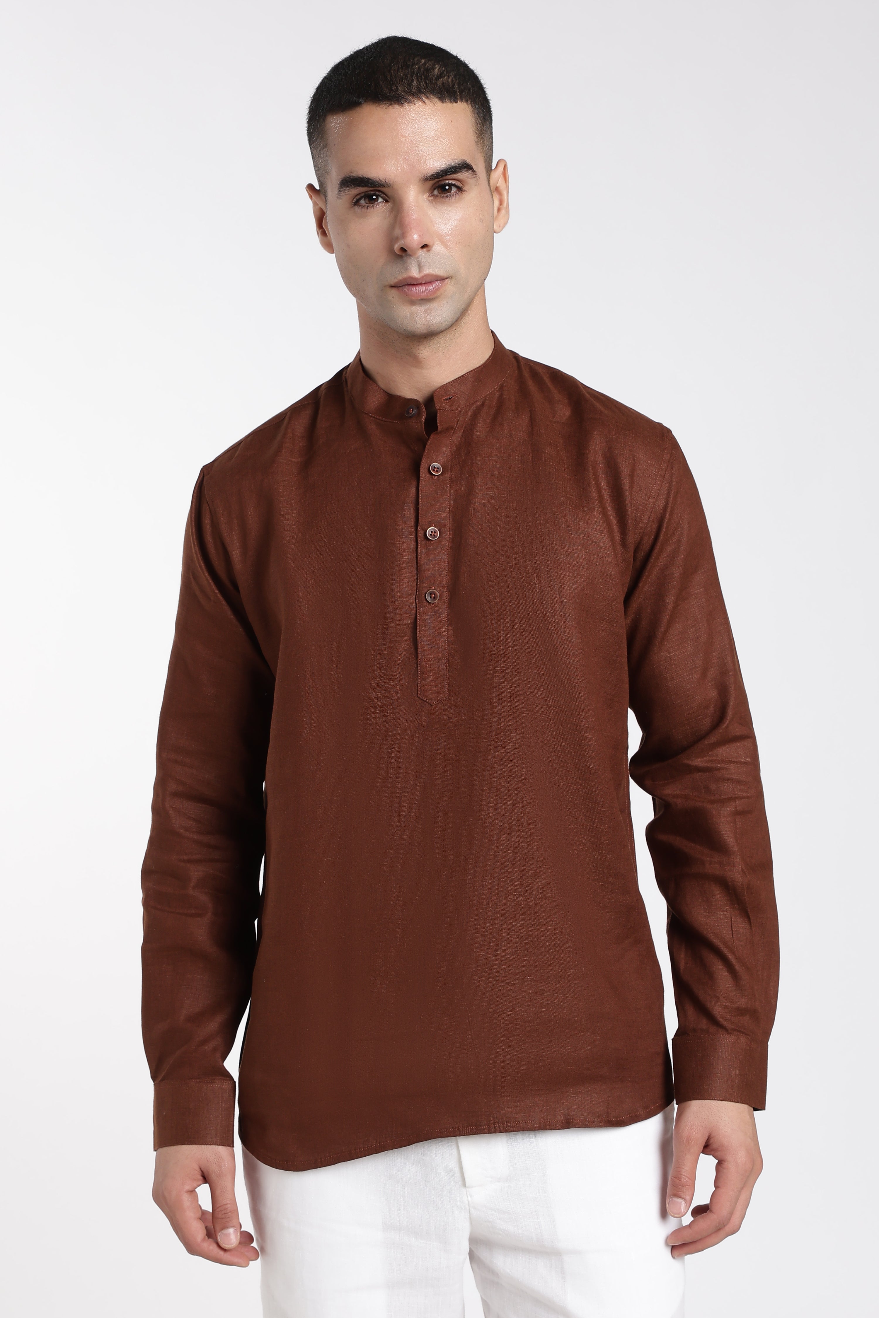 Premium Men’s Rust Brown Linen Mandarin Collar Kurta | Linen Culture