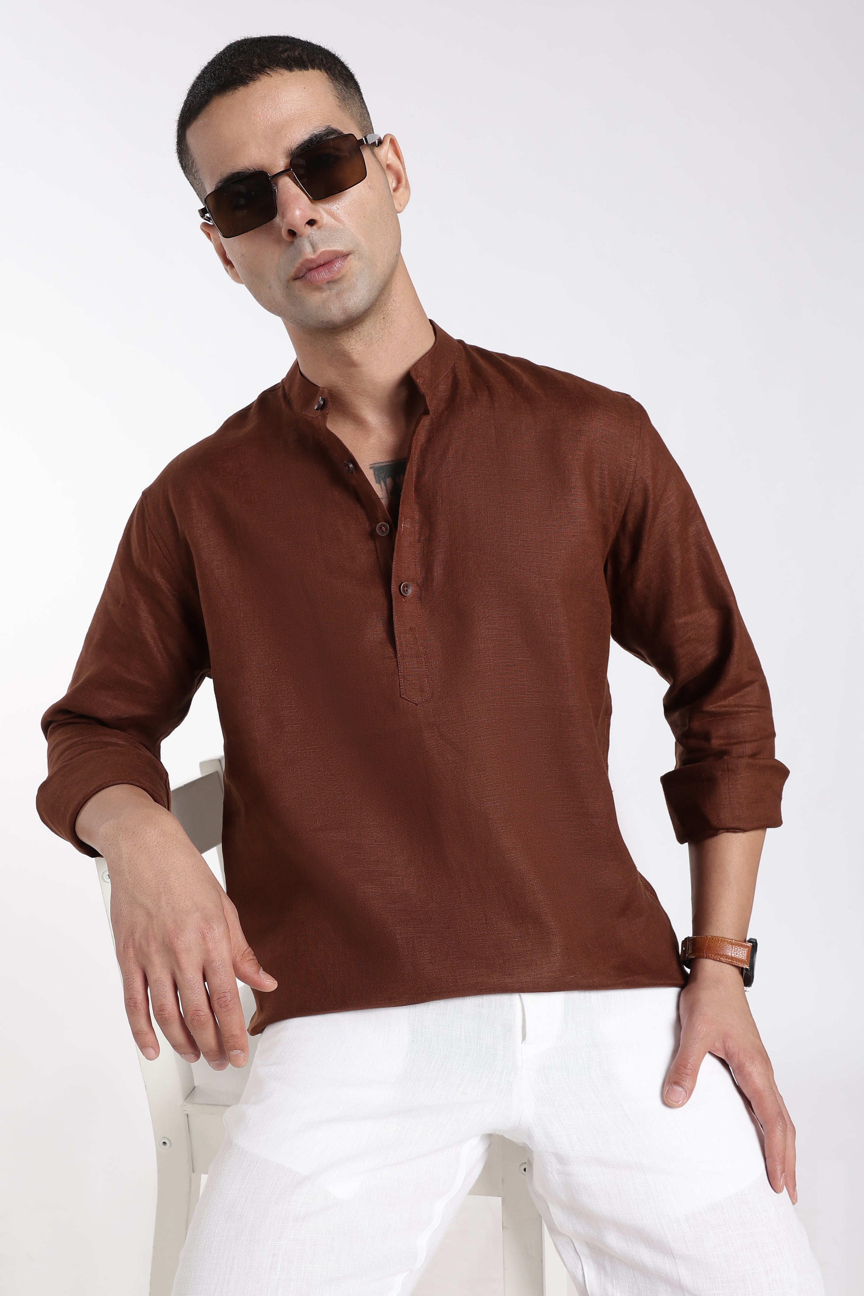 Premium Men’s Rust Brown Linen Mandarin Collar Kurta | Linen Culture