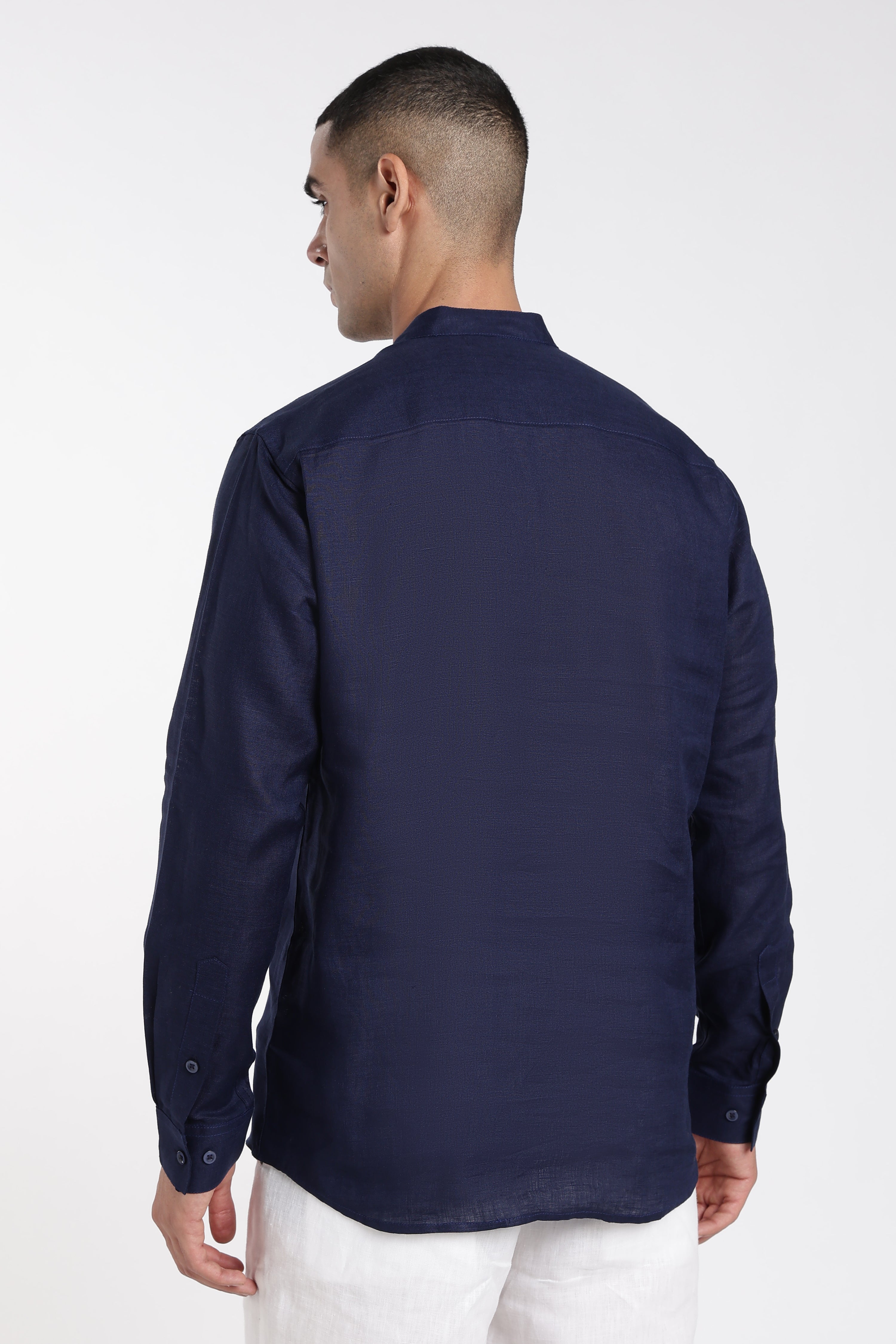 Men’s Navy Blue Linen Mandarin Collar Kurta | Linen Culture