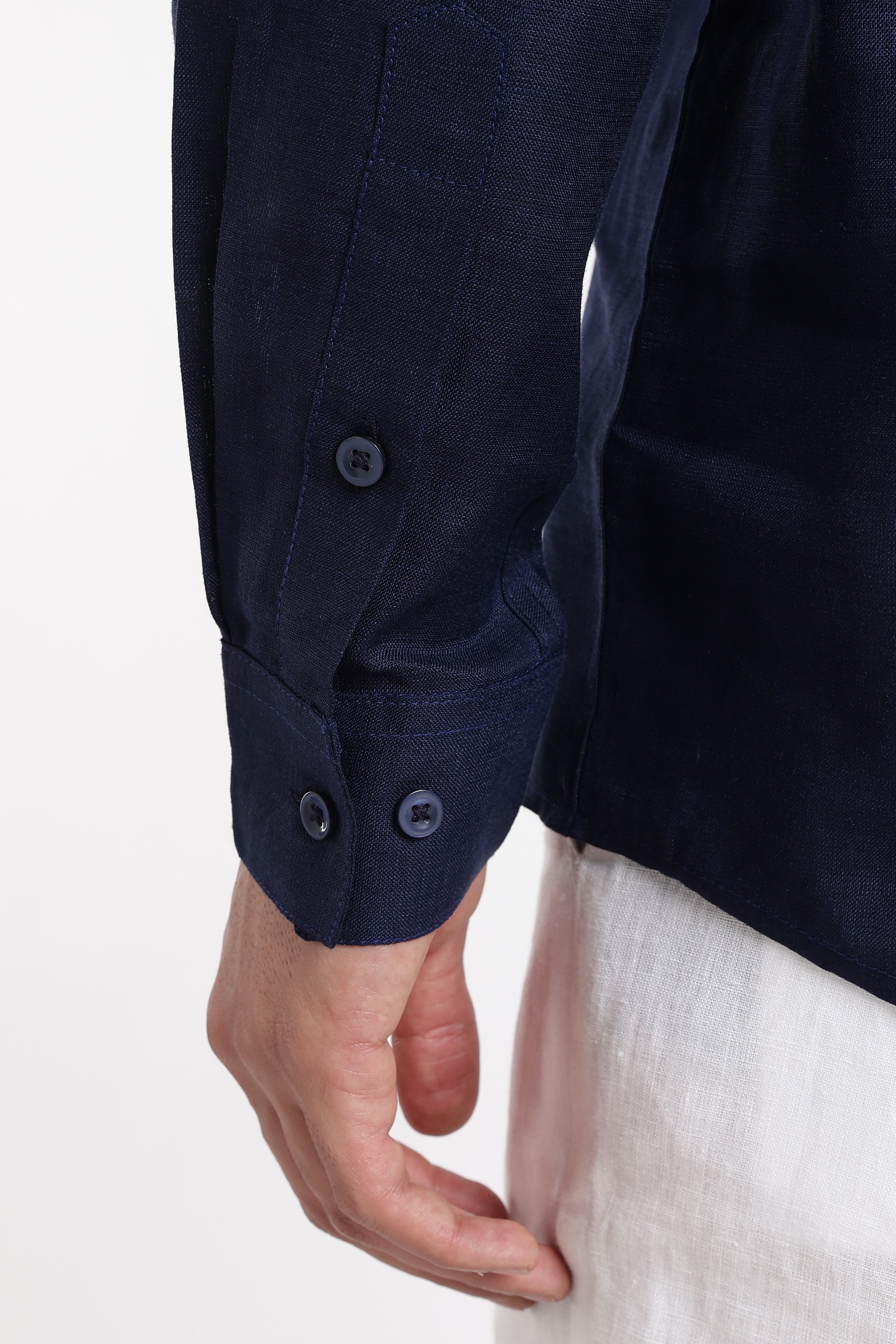 Men’s Navy Blue Linen Mandarin Collar Kurta | Linen Culture