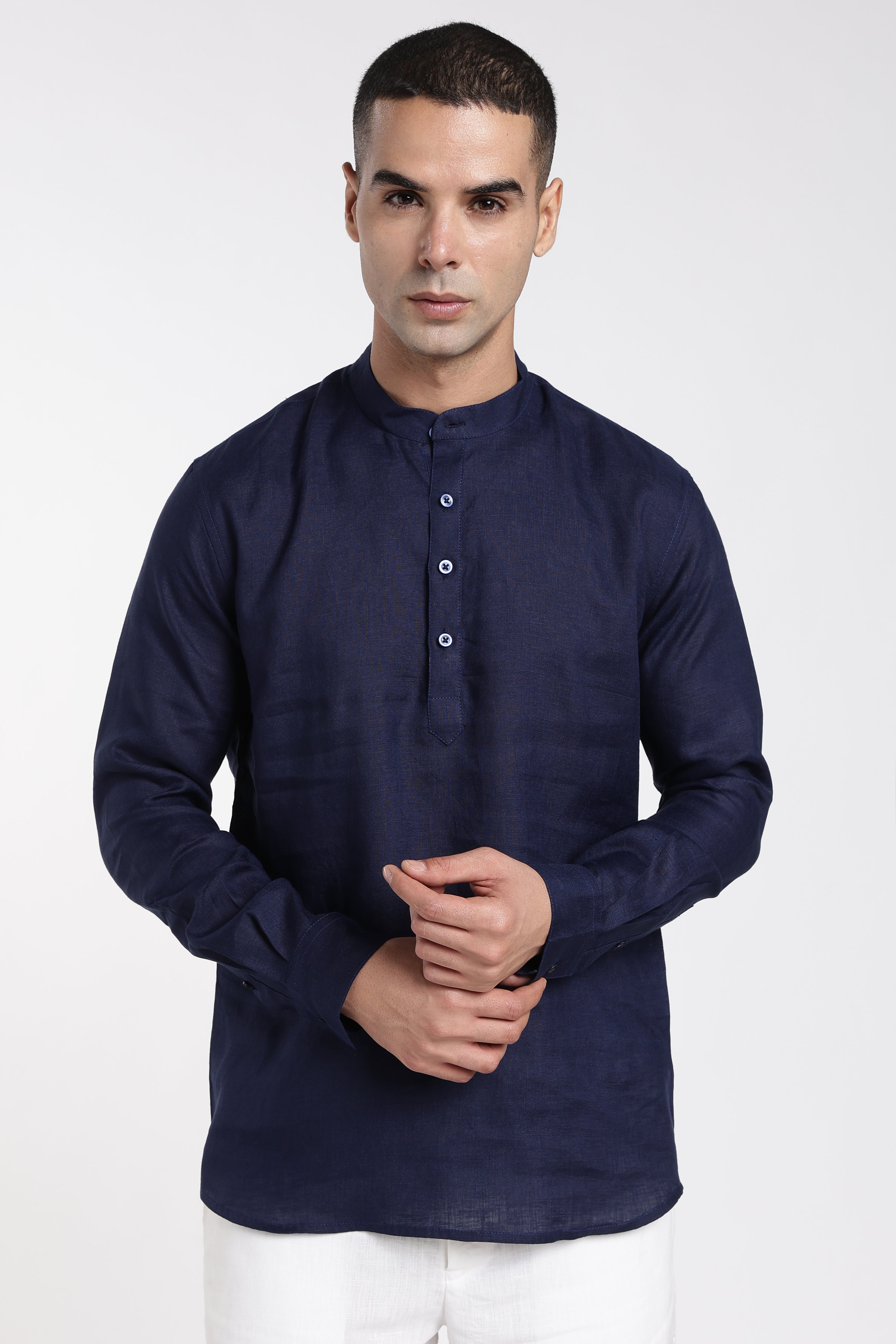 Men’s Navy Blue Linen Mandarin Collar Kurta | Linen Culture
