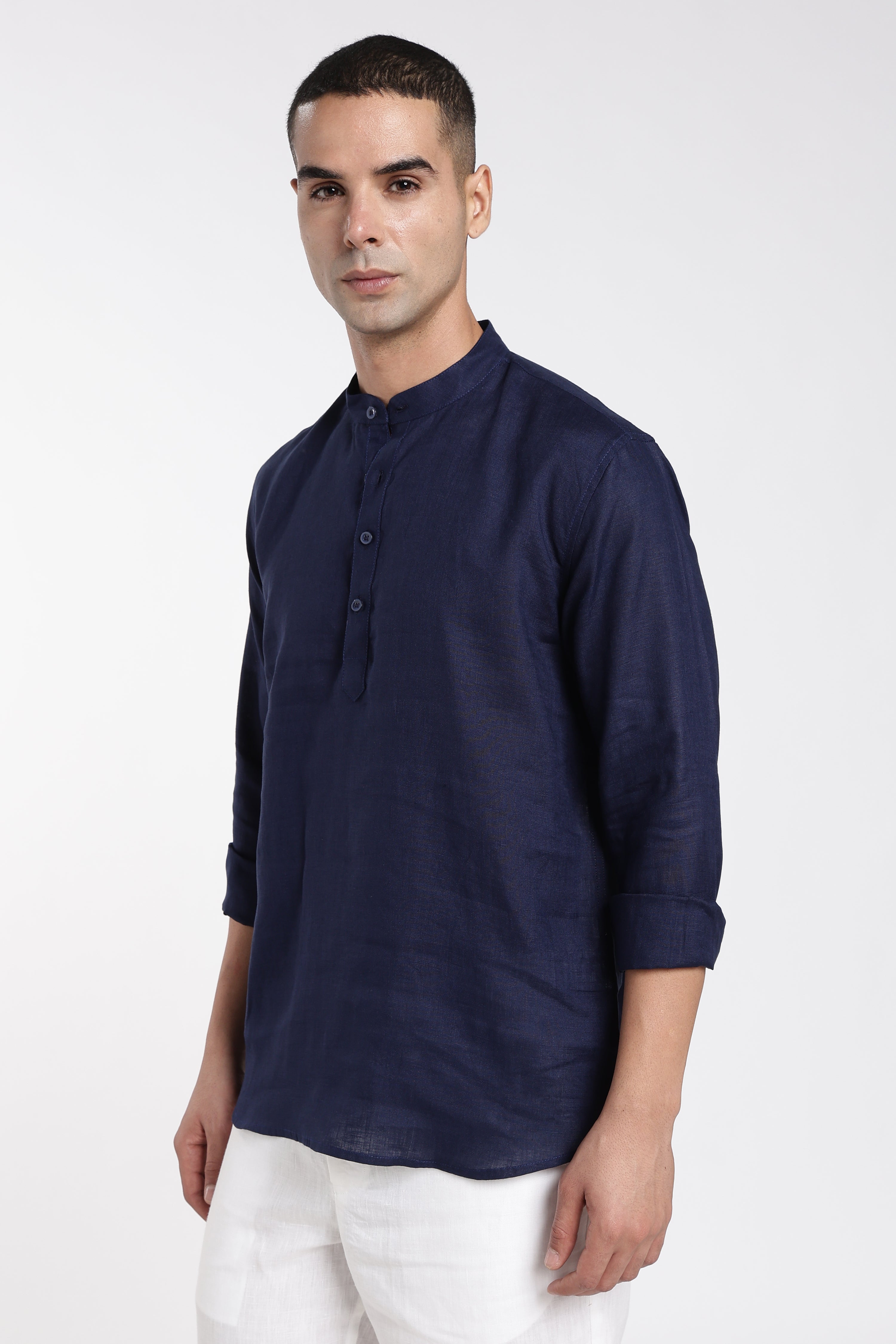 Men’s Navy Blue Linen Mandarin Collar Kurta | Linen Culture