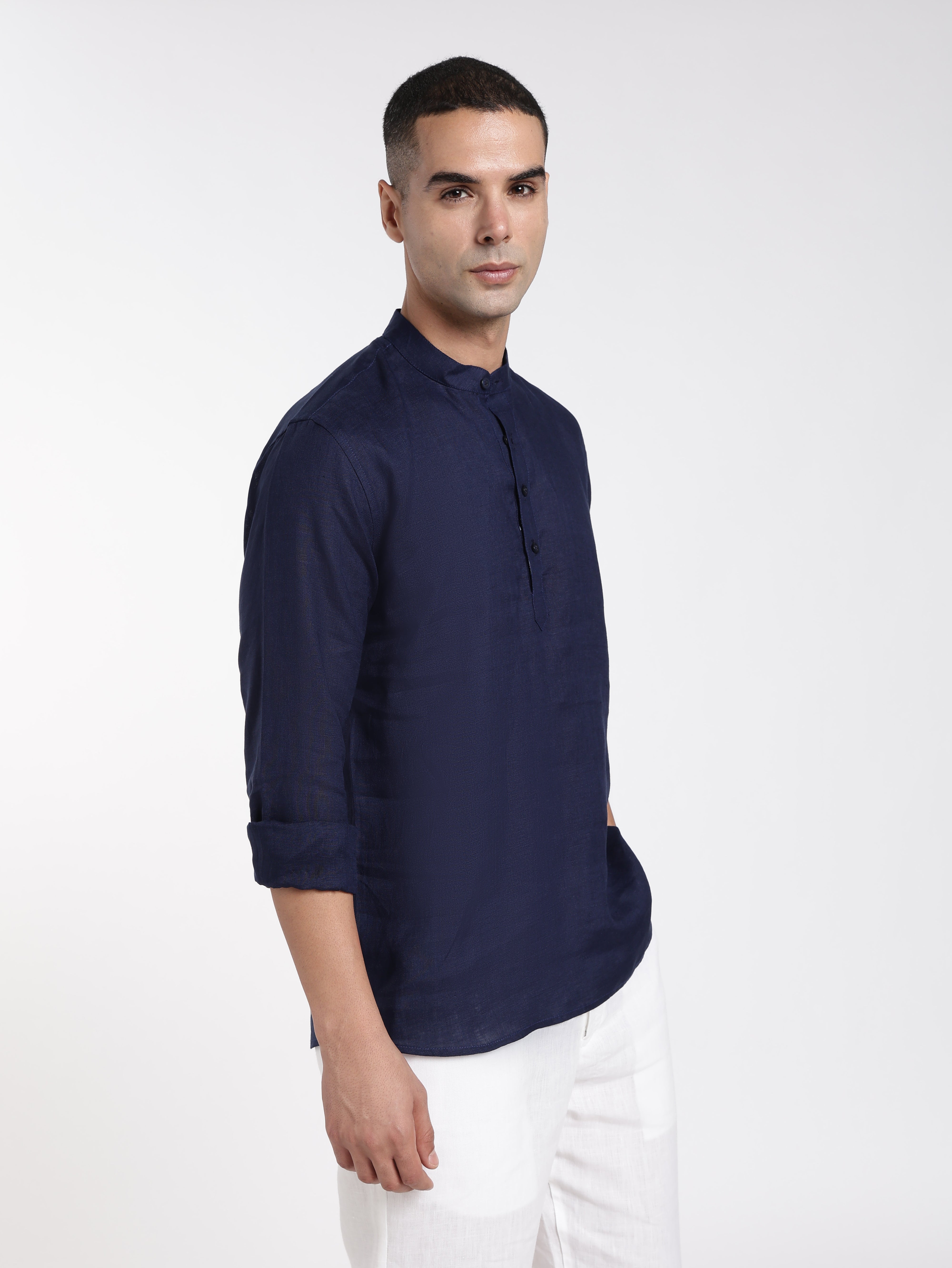Men’s Navy Blue Linen Mandarin Collar Kurta | Linen Culture