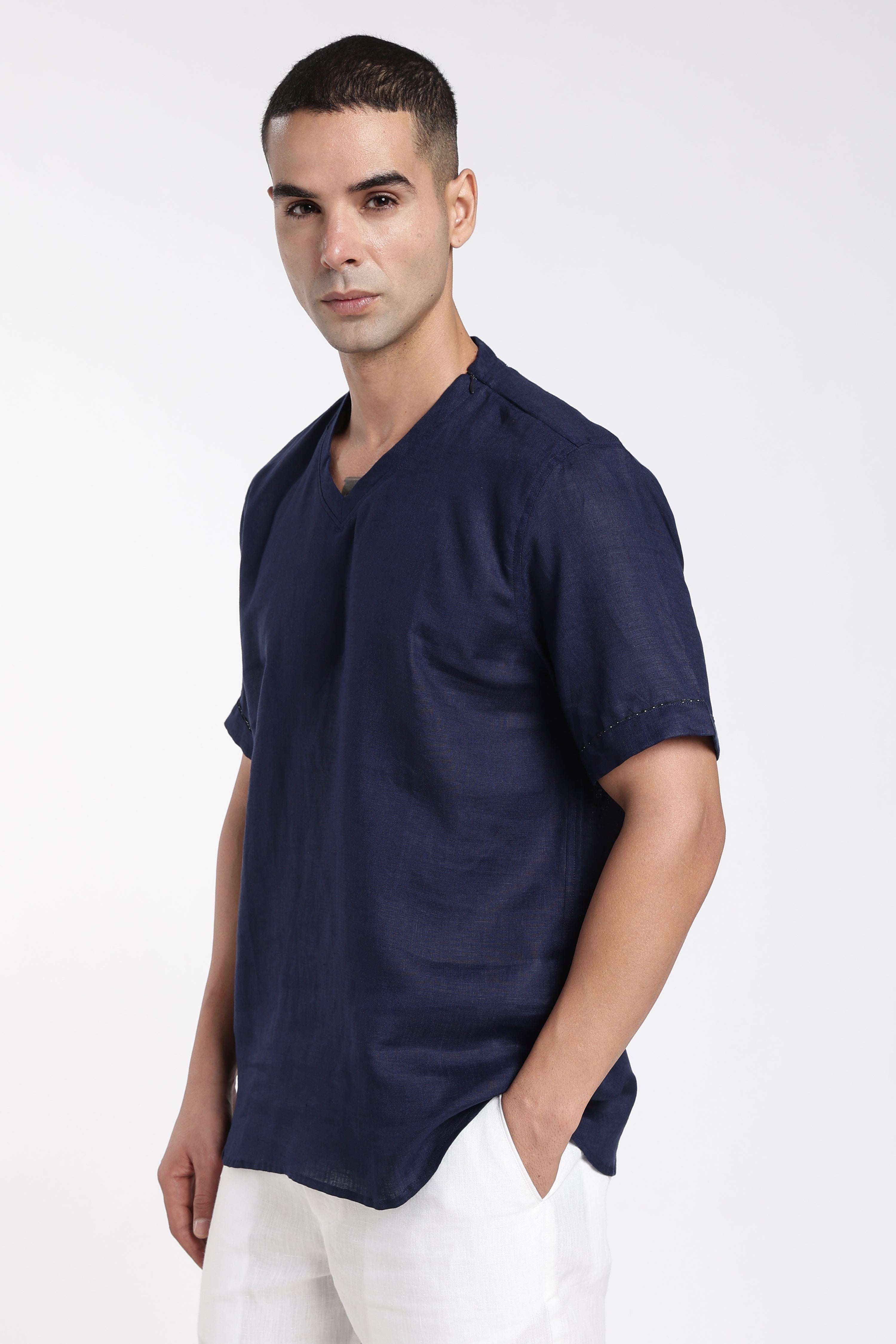 Men’s Navy Blue Linen V-Neck T-Shirt | Premium Minimal Linen Fashion