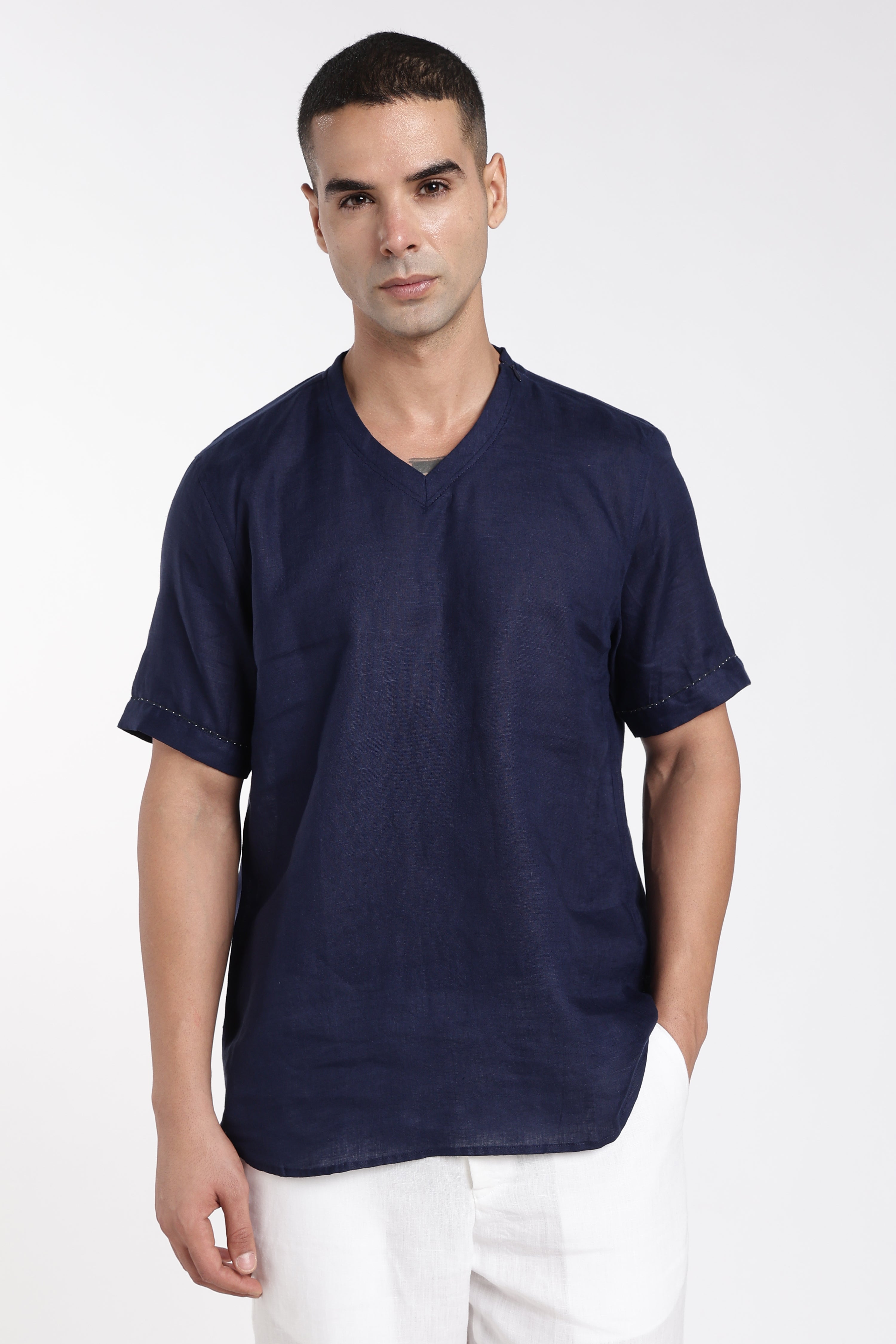 Men’s Navy Blue Linen V-Neck T-Shirt | Premium Minimal Linen Fashion