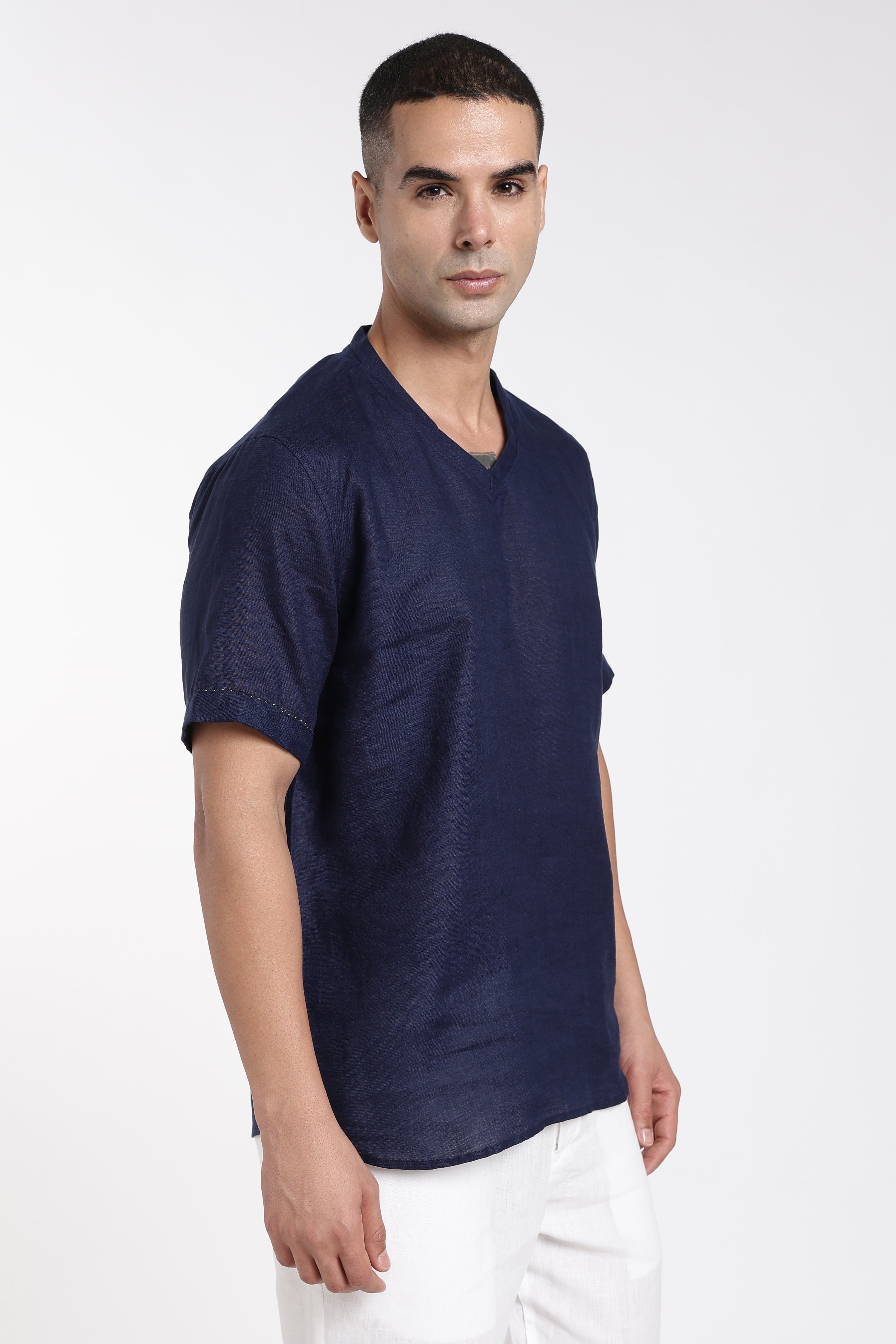 Men’s Navy Blue Linen V-Neck T-Shirt | Premium Minimal Linen Fashion