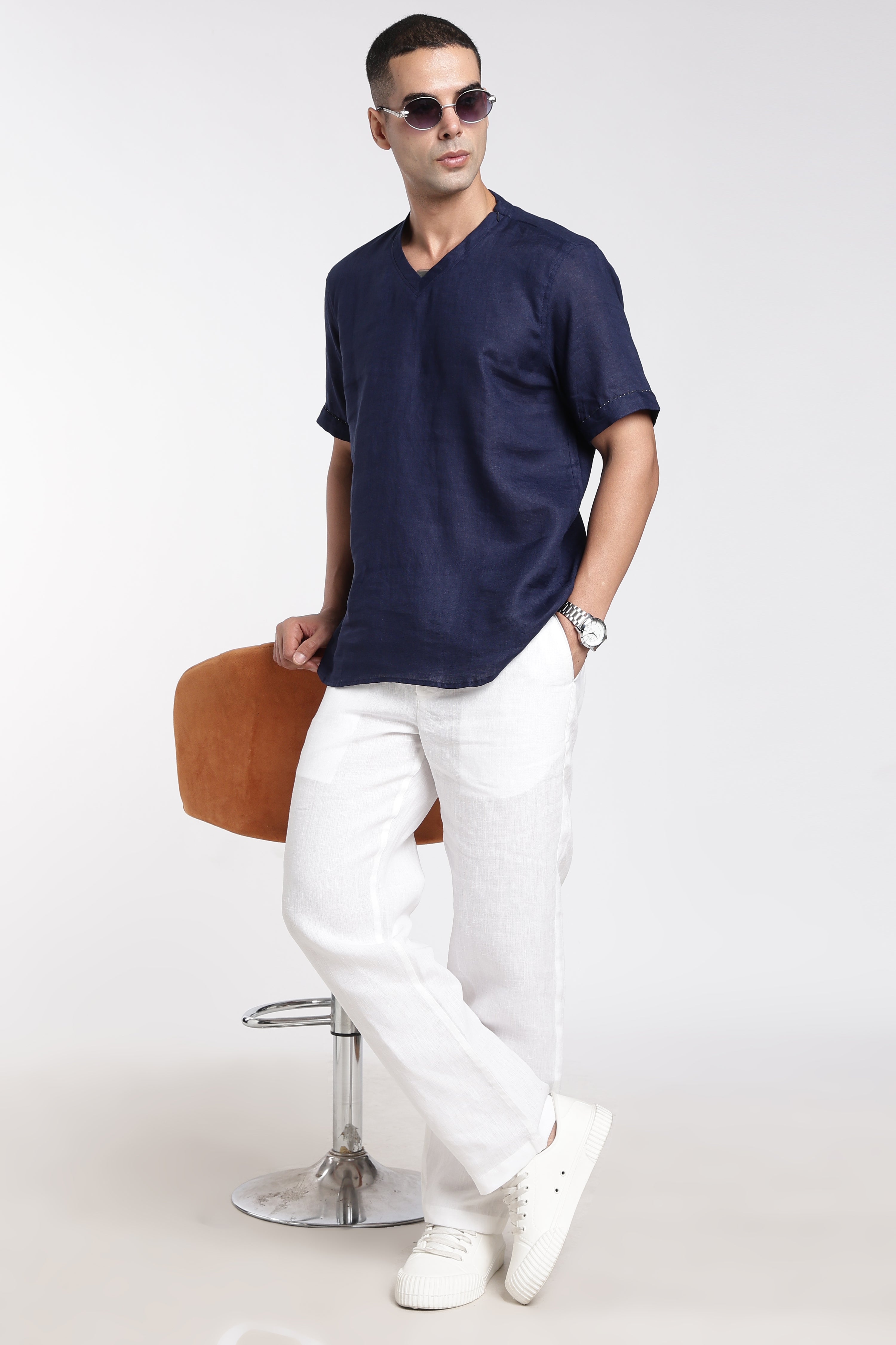 Men’s Navy Blue Linen V-Neck T-Shirt | Premium Minimal Linen Fashion