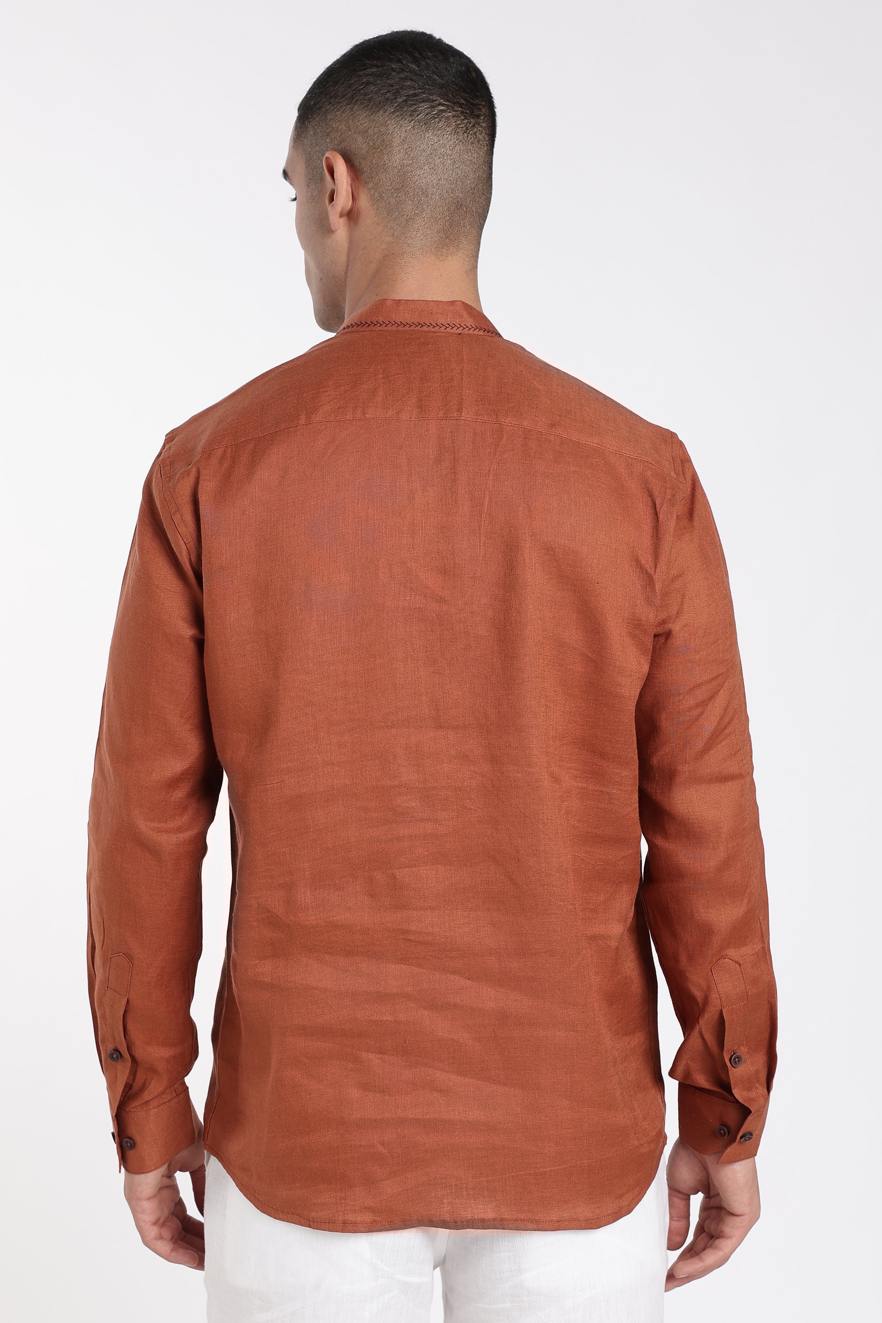 Men’s Rust Orange Linen Mandarin Collar Kurta | Linen Culture