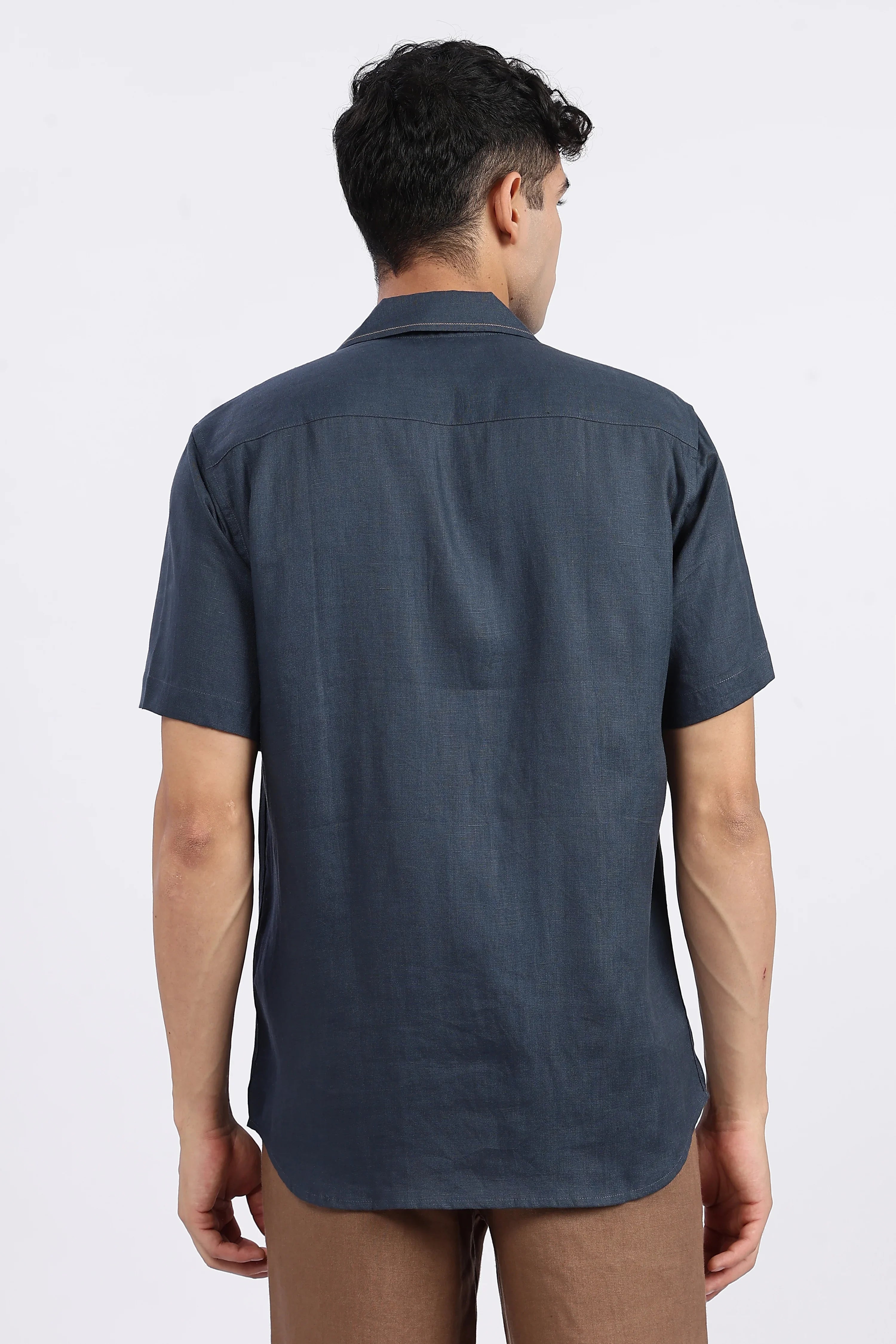 Men’s Navy Blue Cuban Collar Linen Shirt – Half Sleeve | Linen Culture
