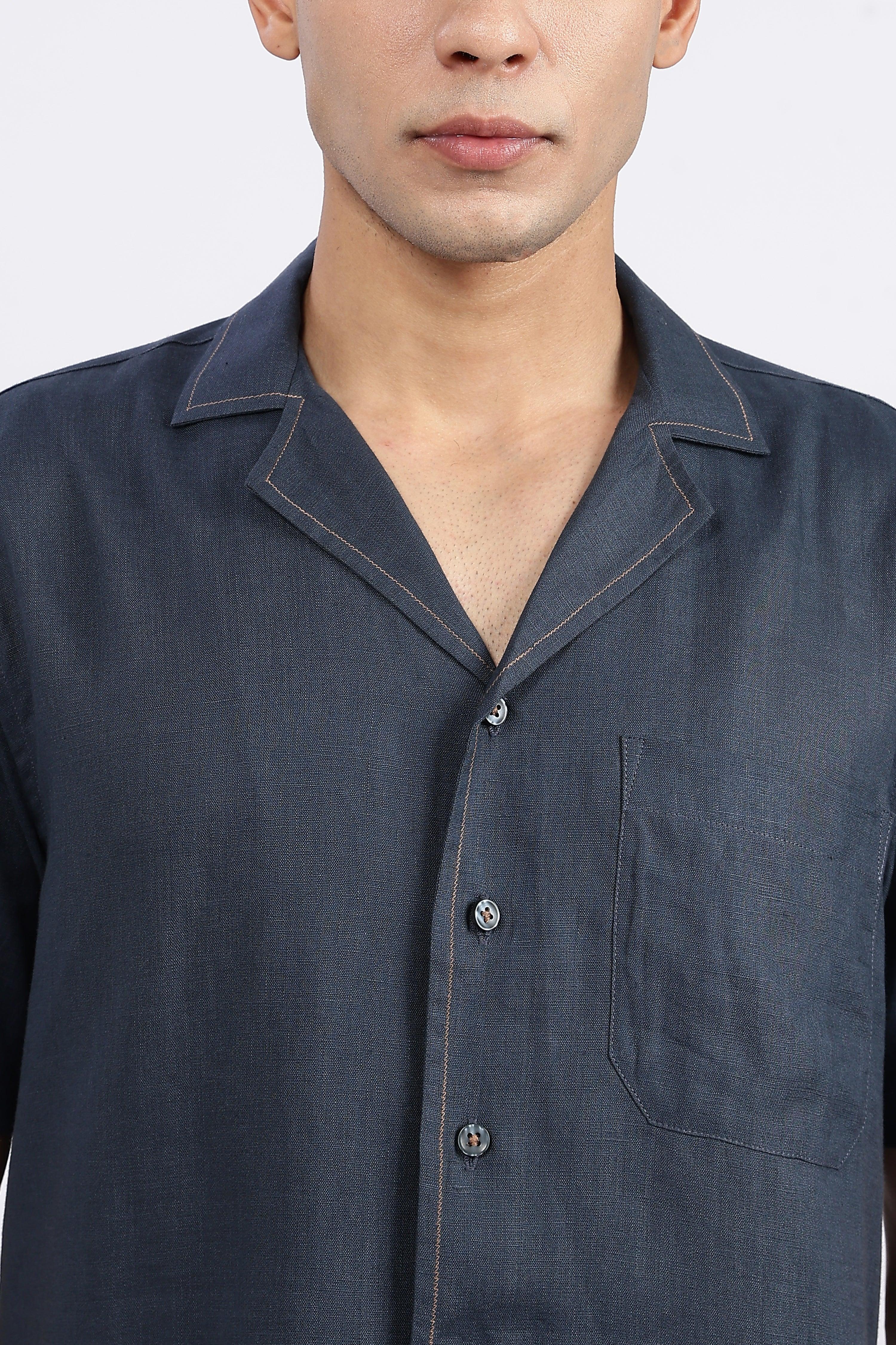 Men’s Navy Blue Cuban Collar Linen Shirt – Half Sleeve | Linen Culture
