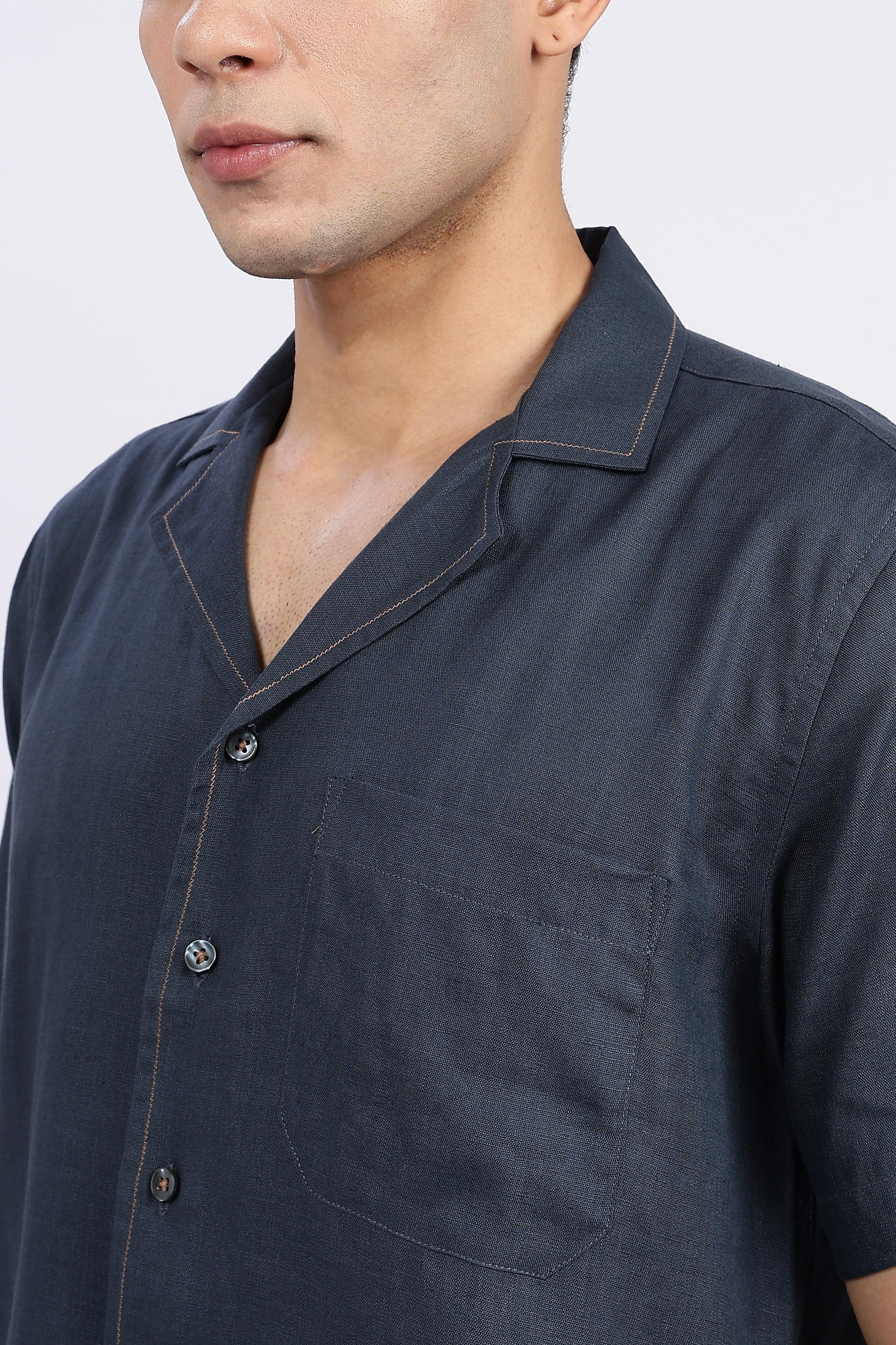 Men’s Navy Blue Cuban Collar Linen Shirt – Half Sleeve | Linen Culture