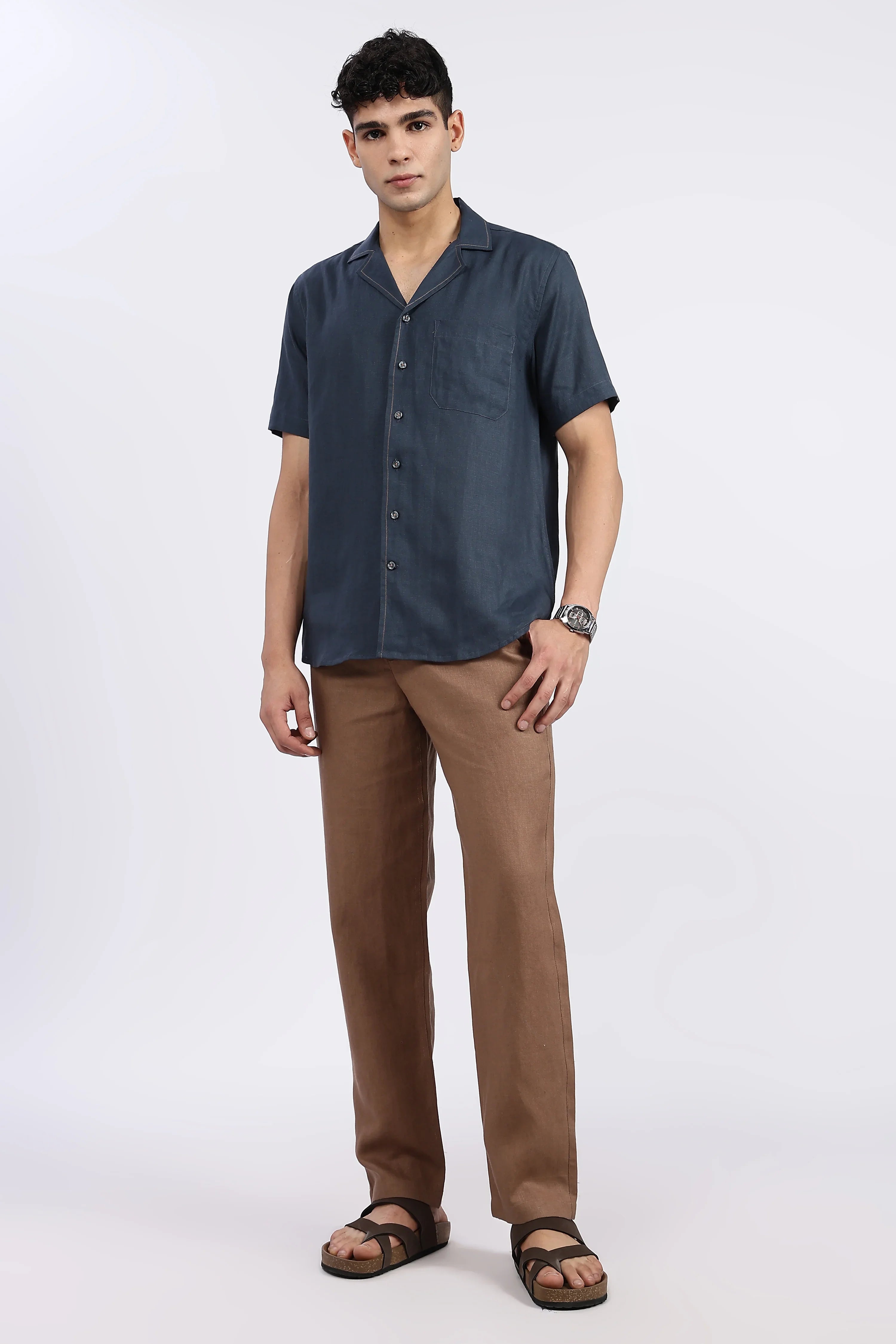 Men’s Navy Blue Cuban Collar Linen Shirt – Half Sleeve | Linen Culture