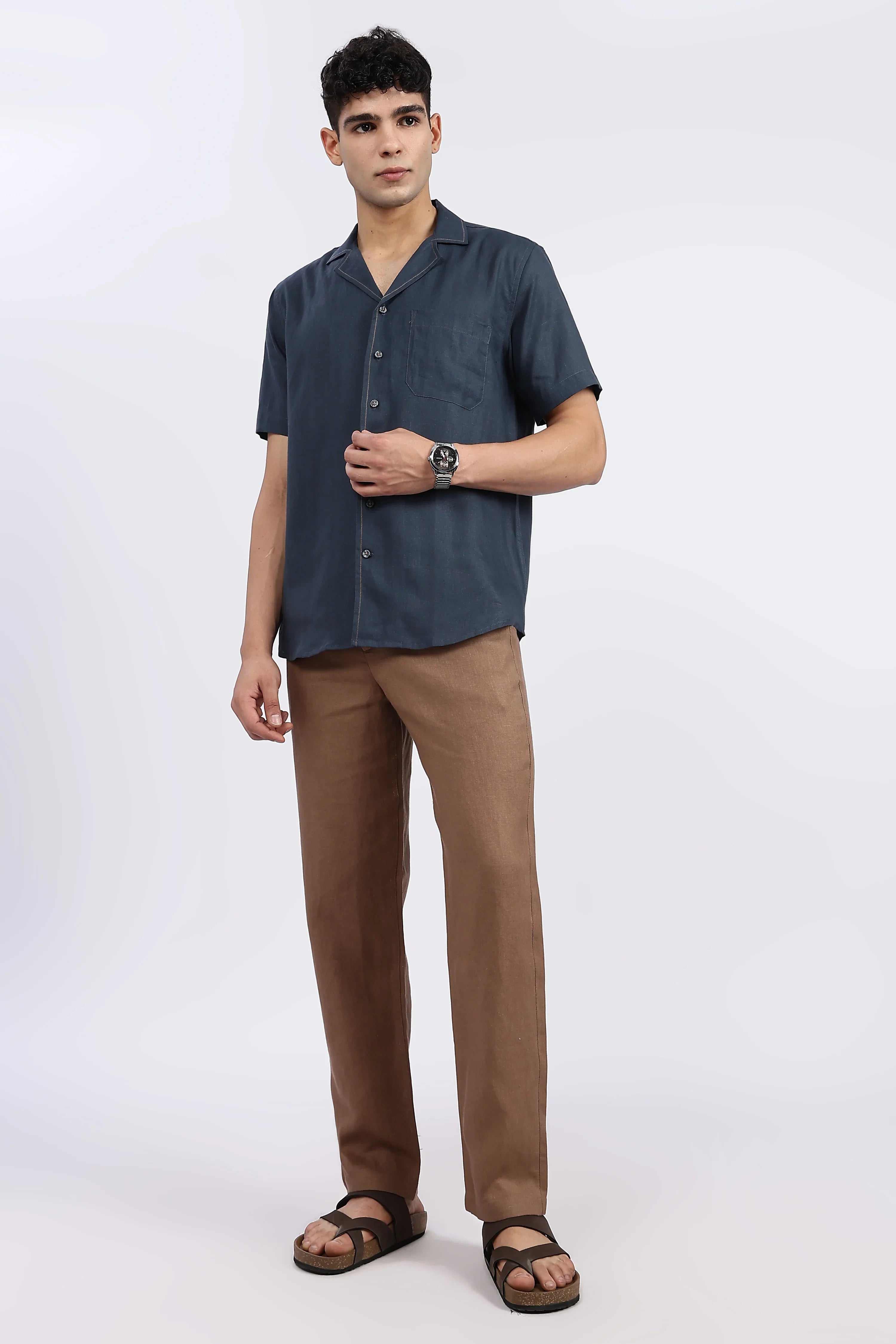 Men’s Navy Blue Cuban Collar Linen Shirt – Half Sleeve | Linen Culture