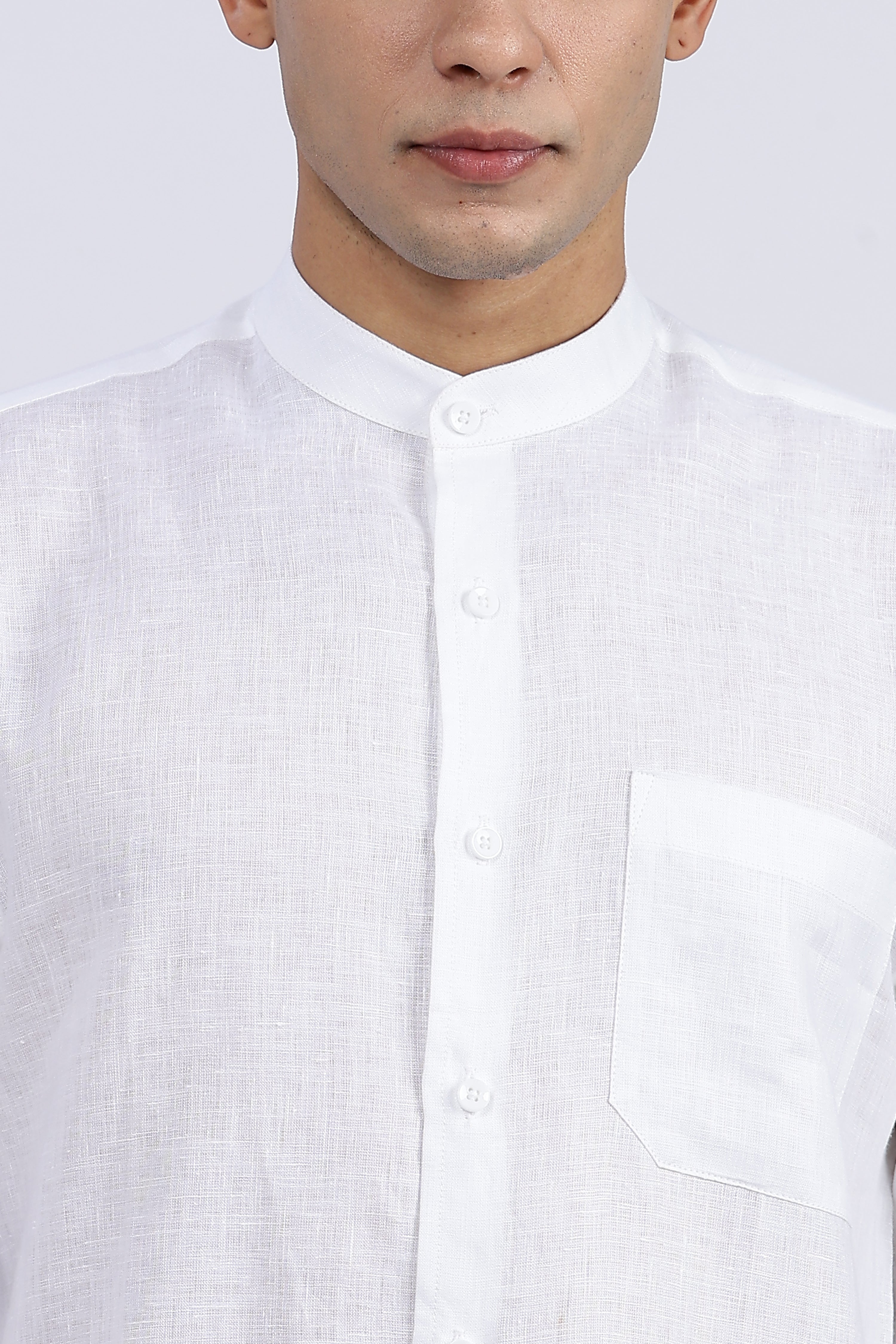Men’s White Mandarin Collar Linen Shirt – Full Sleeve | Linen Culture
