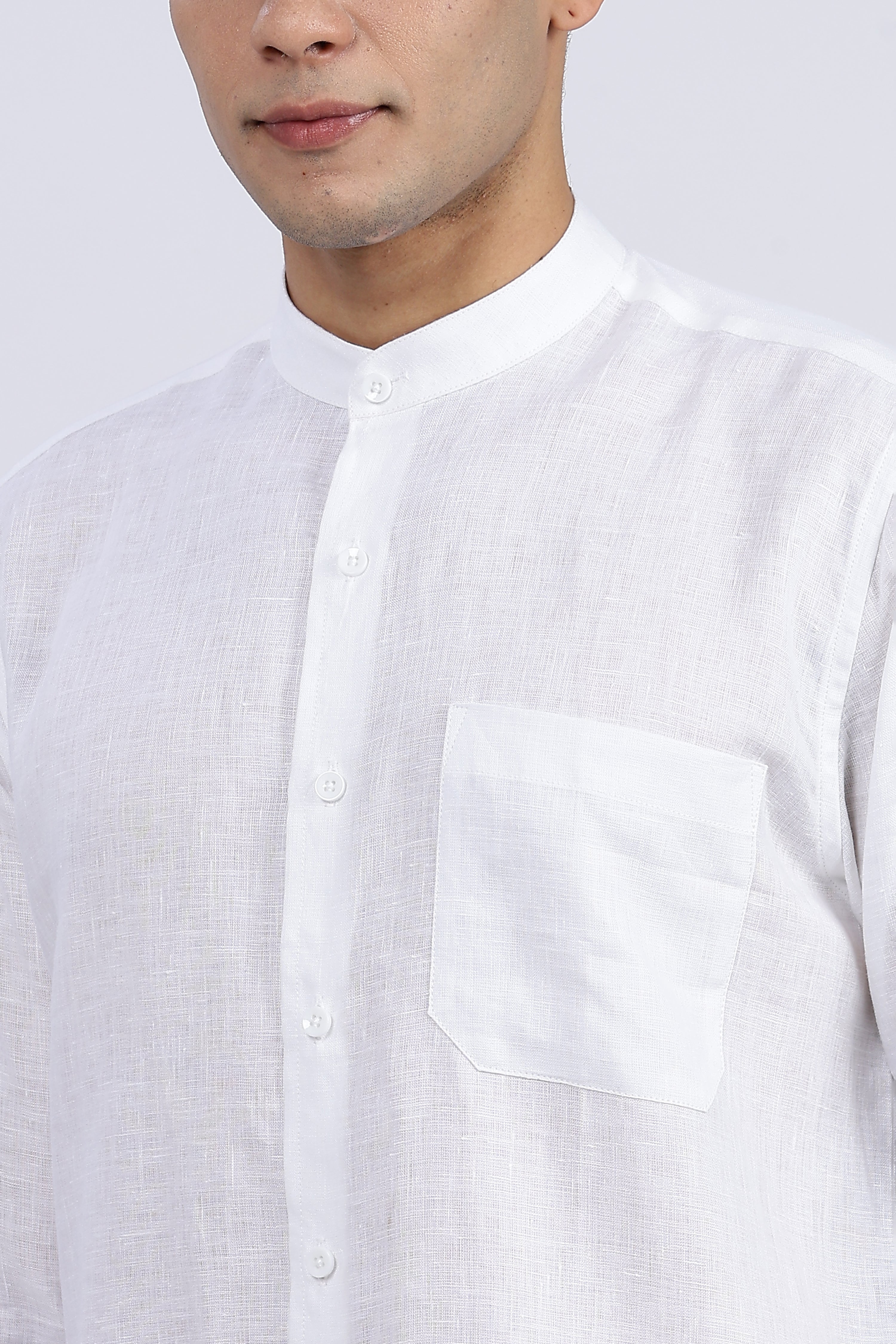 Men’s White Mandarin Collar Linen Shirt – Full Sleeve | Linen Culture