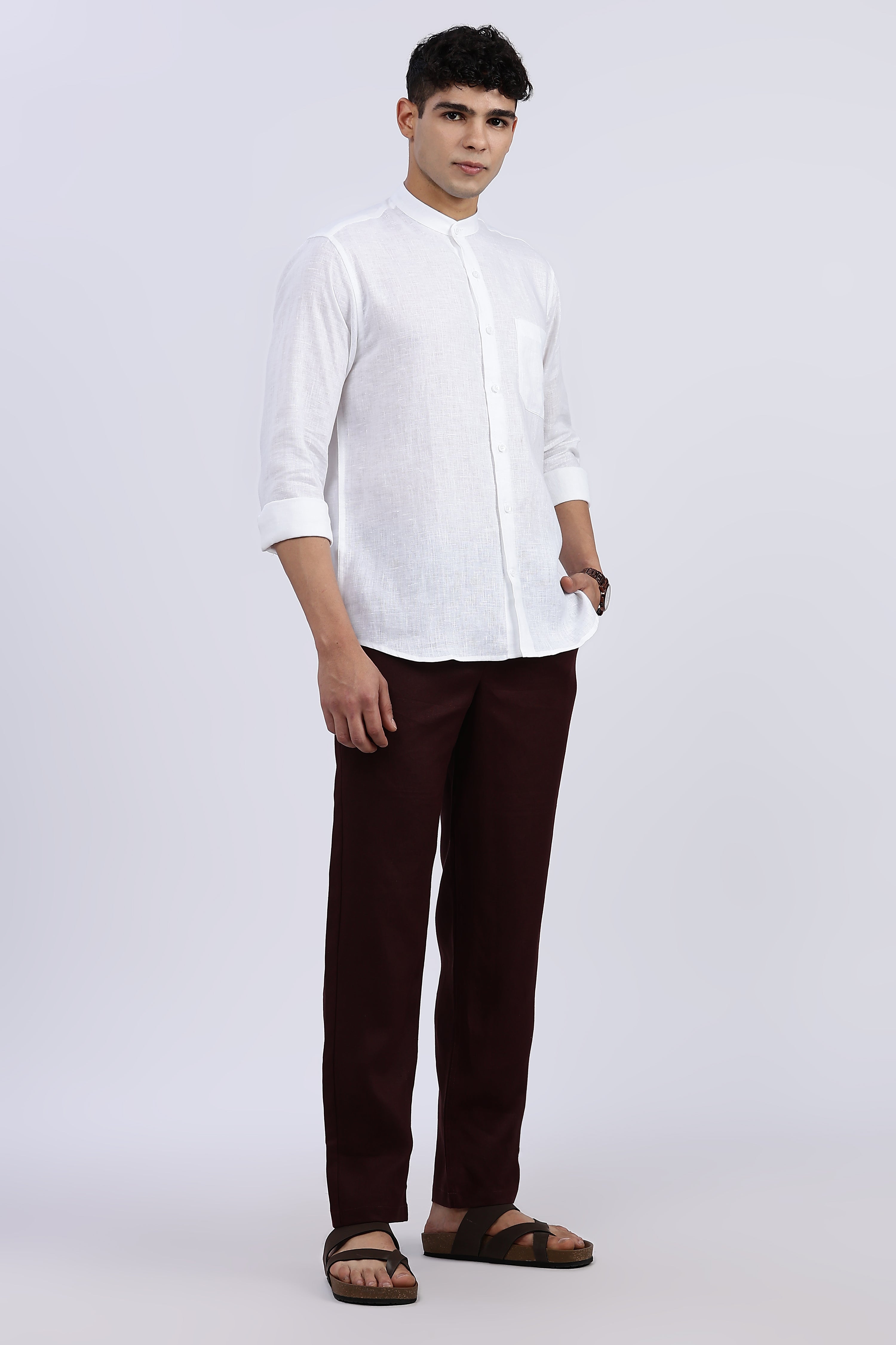 Men’s White Mandarin Collar Linen Shirt – Full Sleeve | Linen Culture