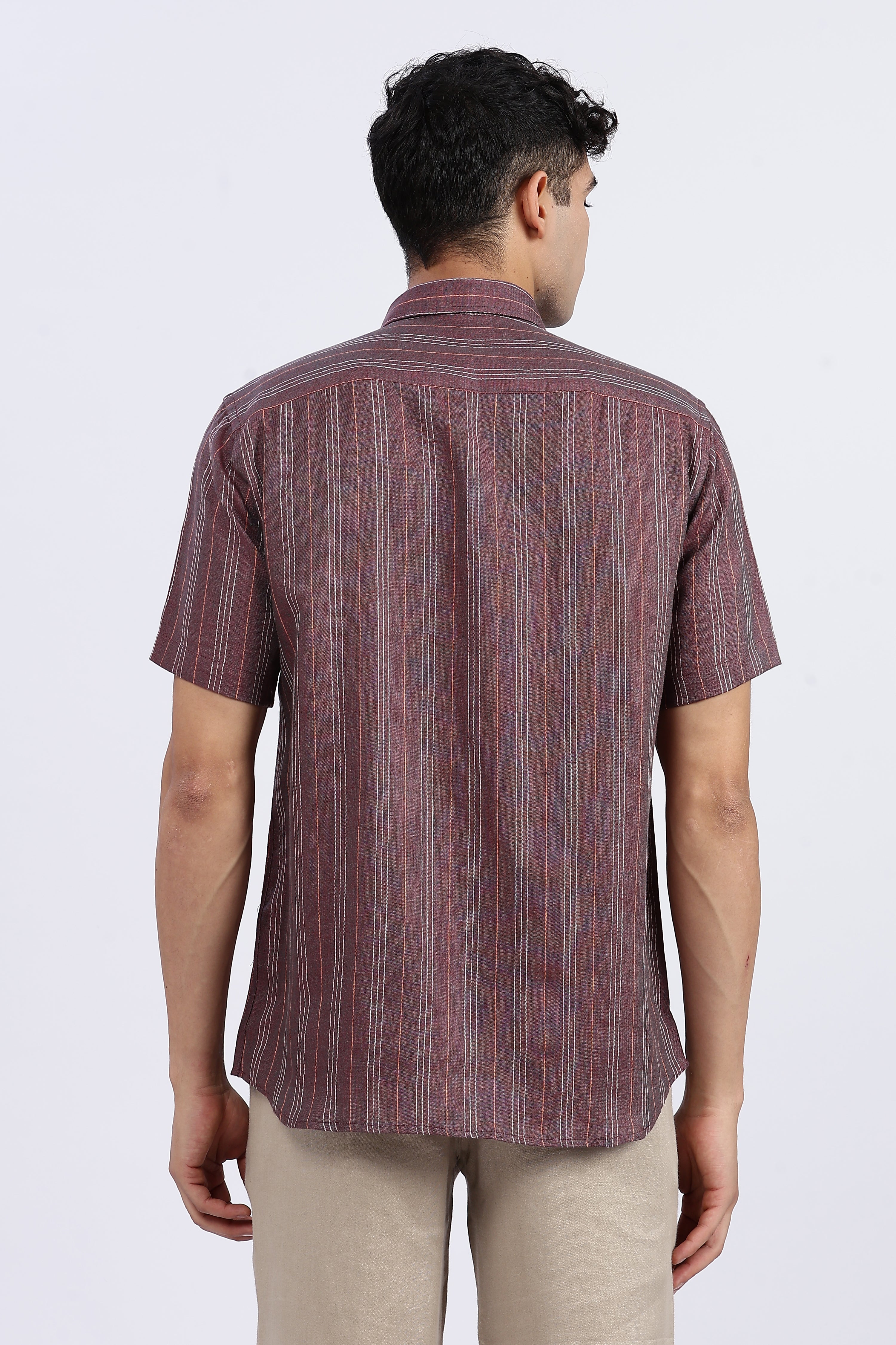 Men’s Maroon Striped Half Sleeve Linen Shirt – 100% Pure Linen | Linen Culture
