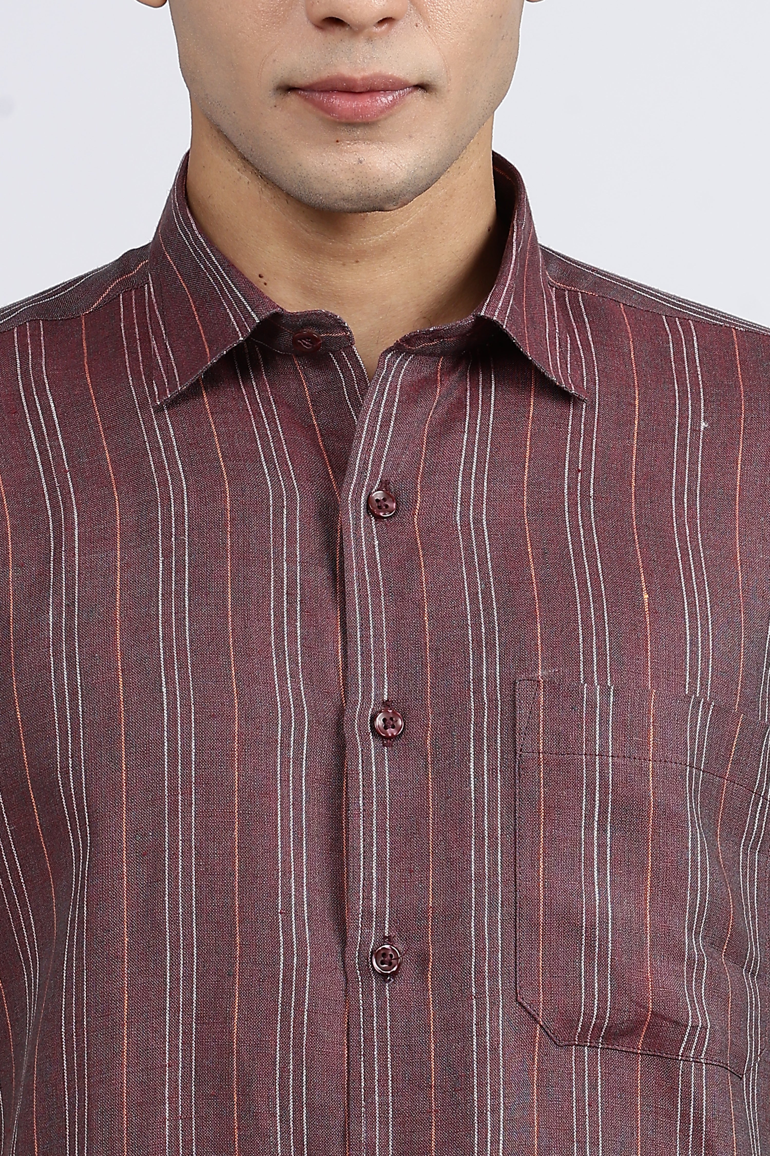 Men’s Maroon Striped Half Sleeve Linen Shirt – 100% Pure Linen | Linen Culture