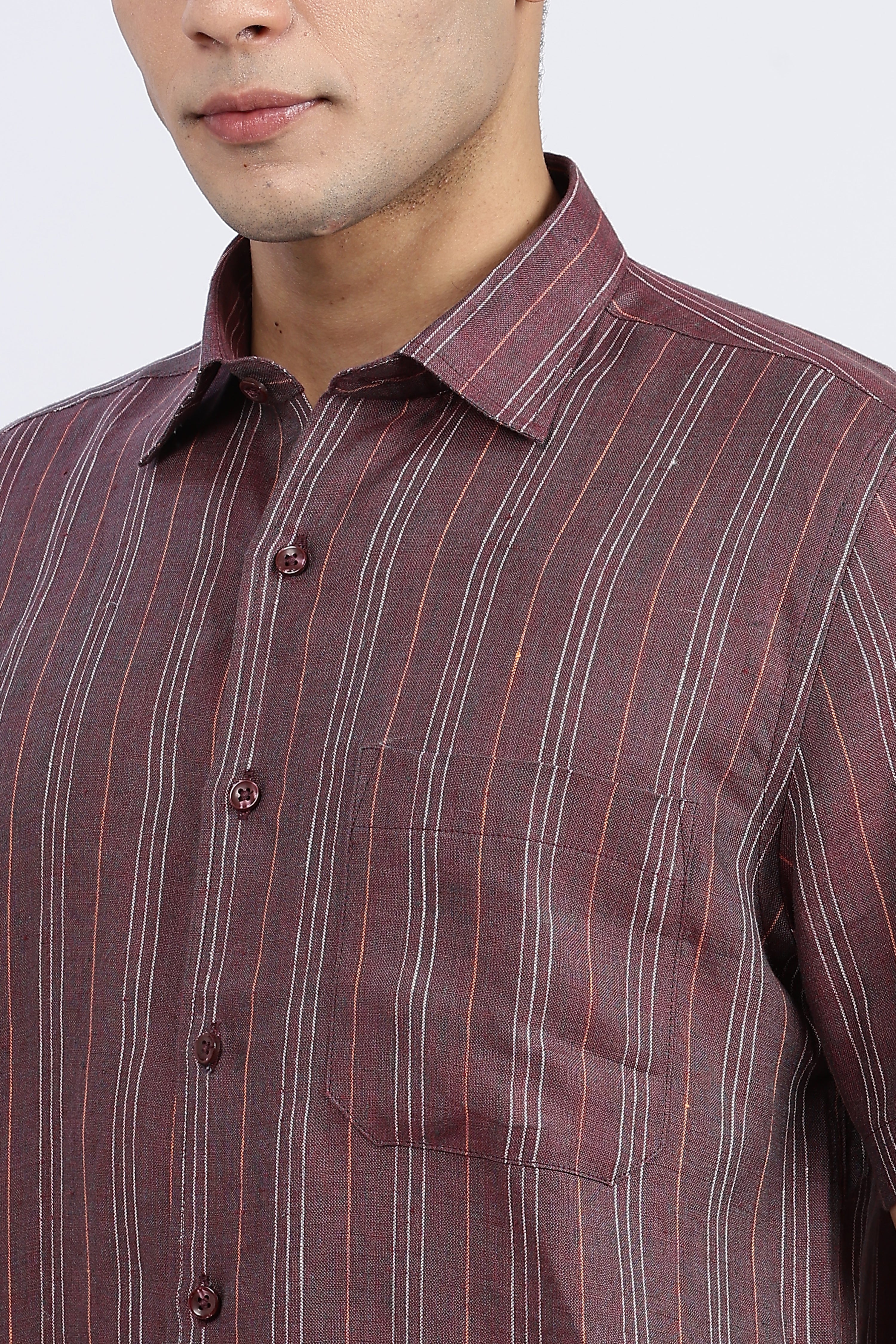 Men’s Maroon Striped Half Sleeve Linen Shirt – 100% Pure Linen | Linen Culture