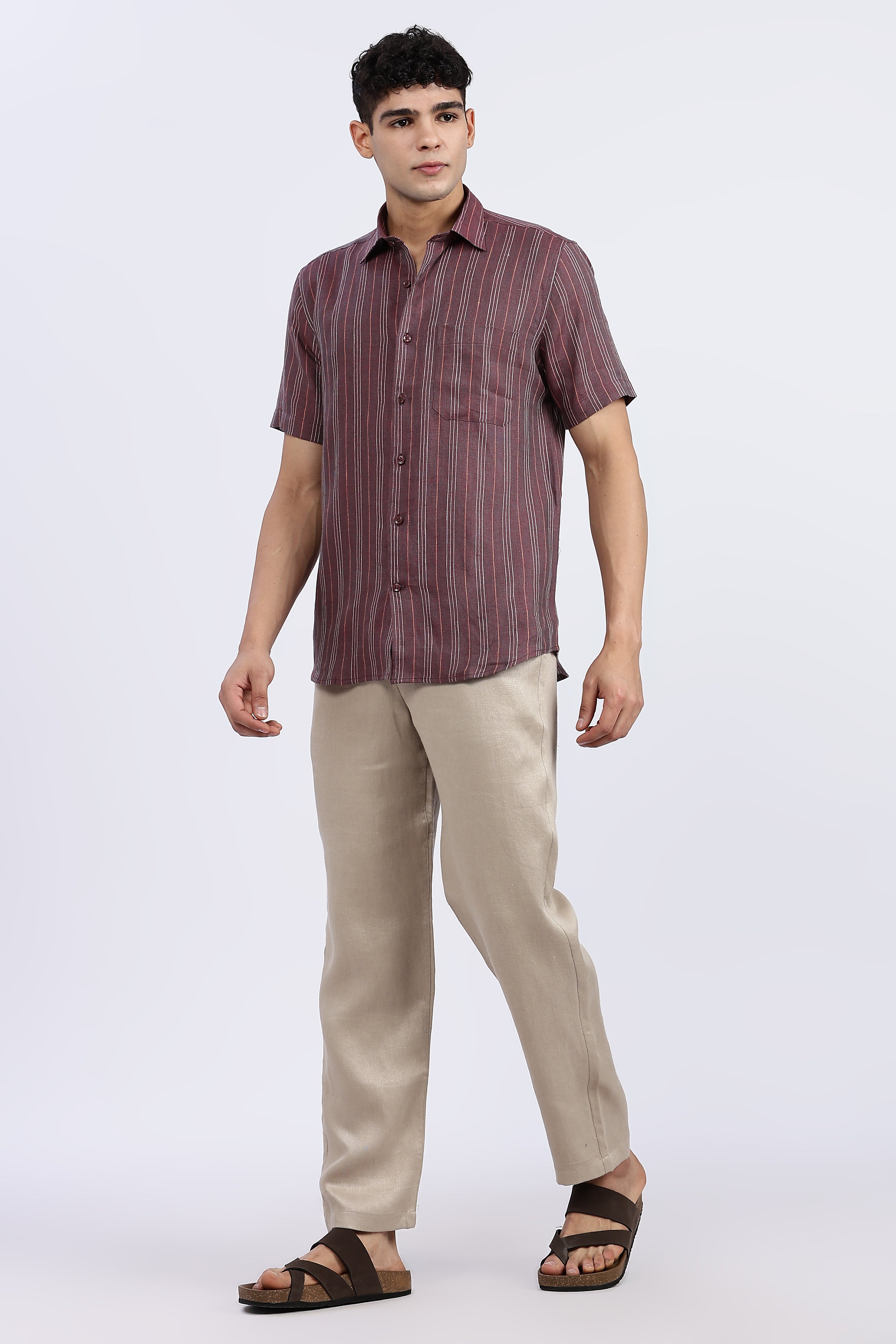 Men’s Maroon Striped Half Sleeve Linen Shirt – 100% Pure Linen | Linen Culture