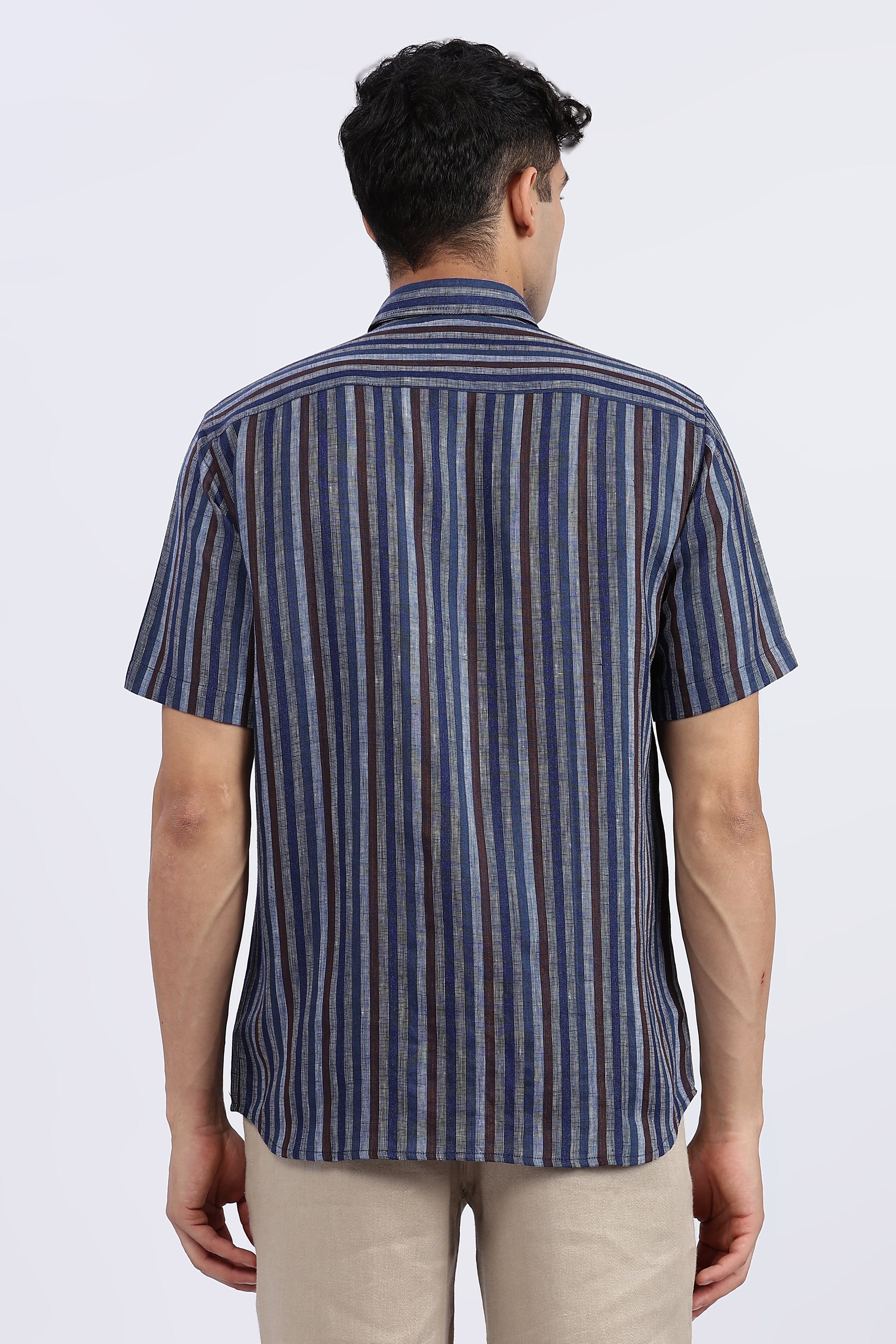 Men’s Blue Striped Half Sleeve Linen Shirt – 100% Pure Linen | Linen Culture