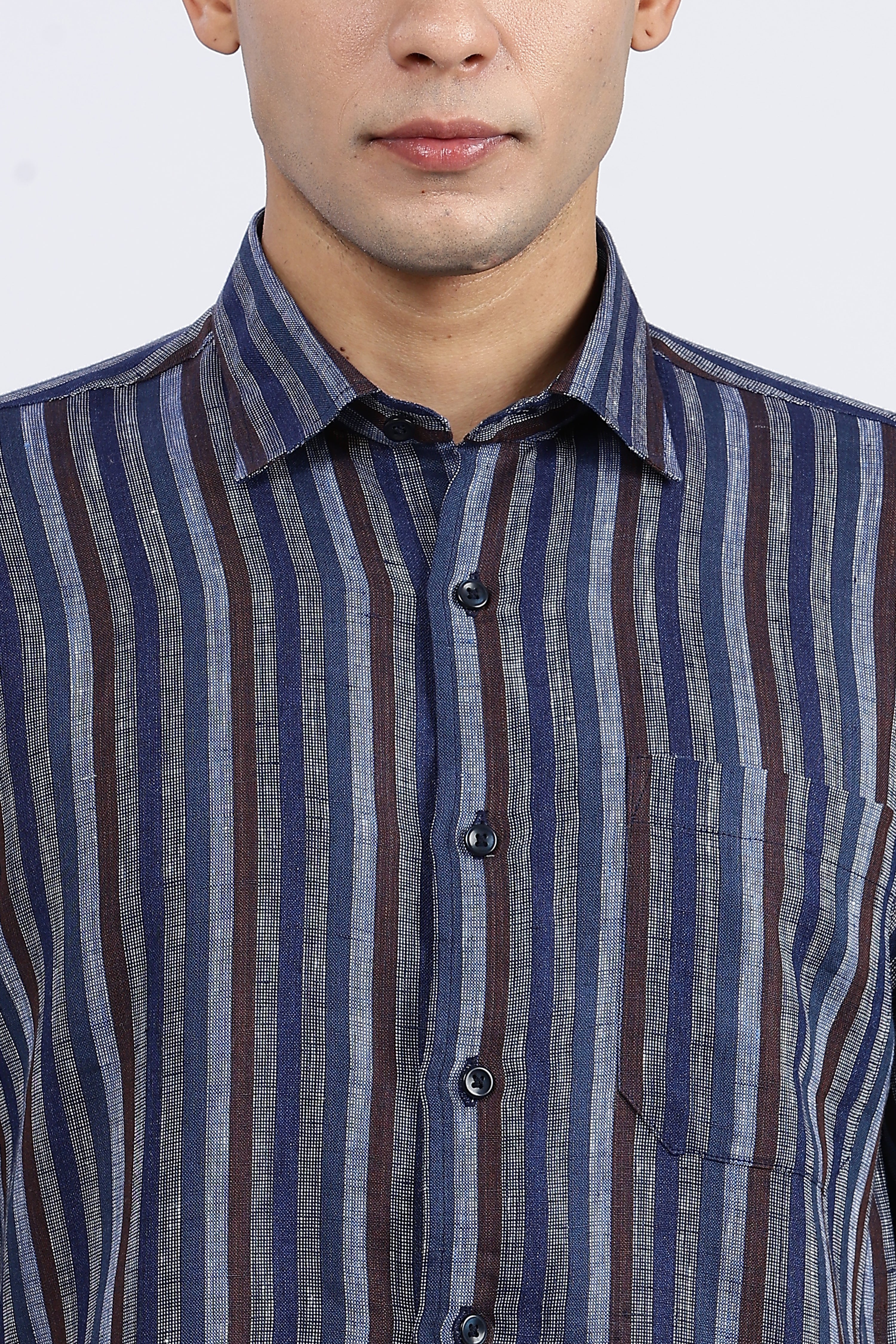Men’s Blue Striped Half Sleeve Linen Shirt – 100% Pure Linen | Linen Culture