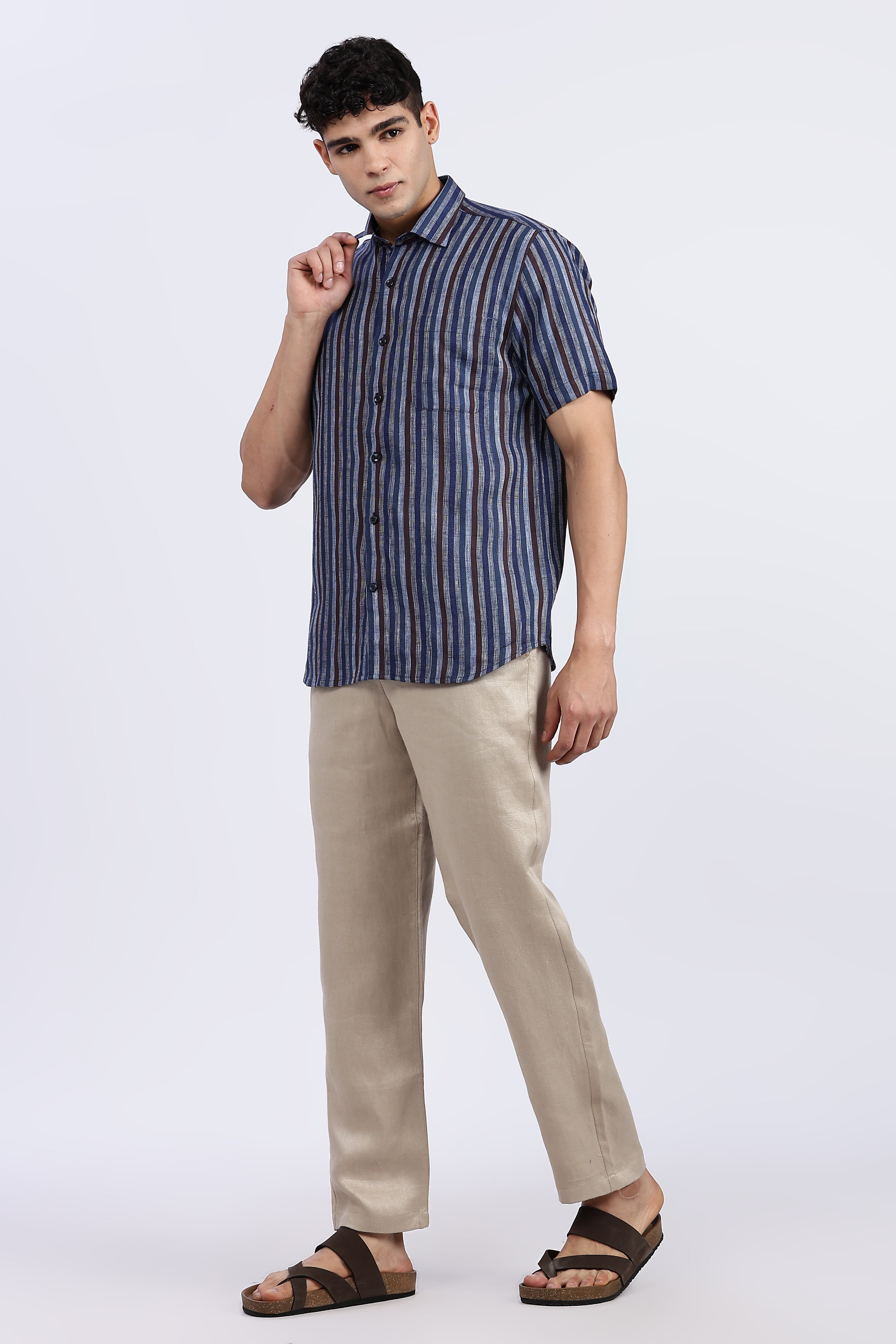 Men’s Blue Striped Half Sleeve Linen Shirt – 100% Pure Linen | Linen Culture