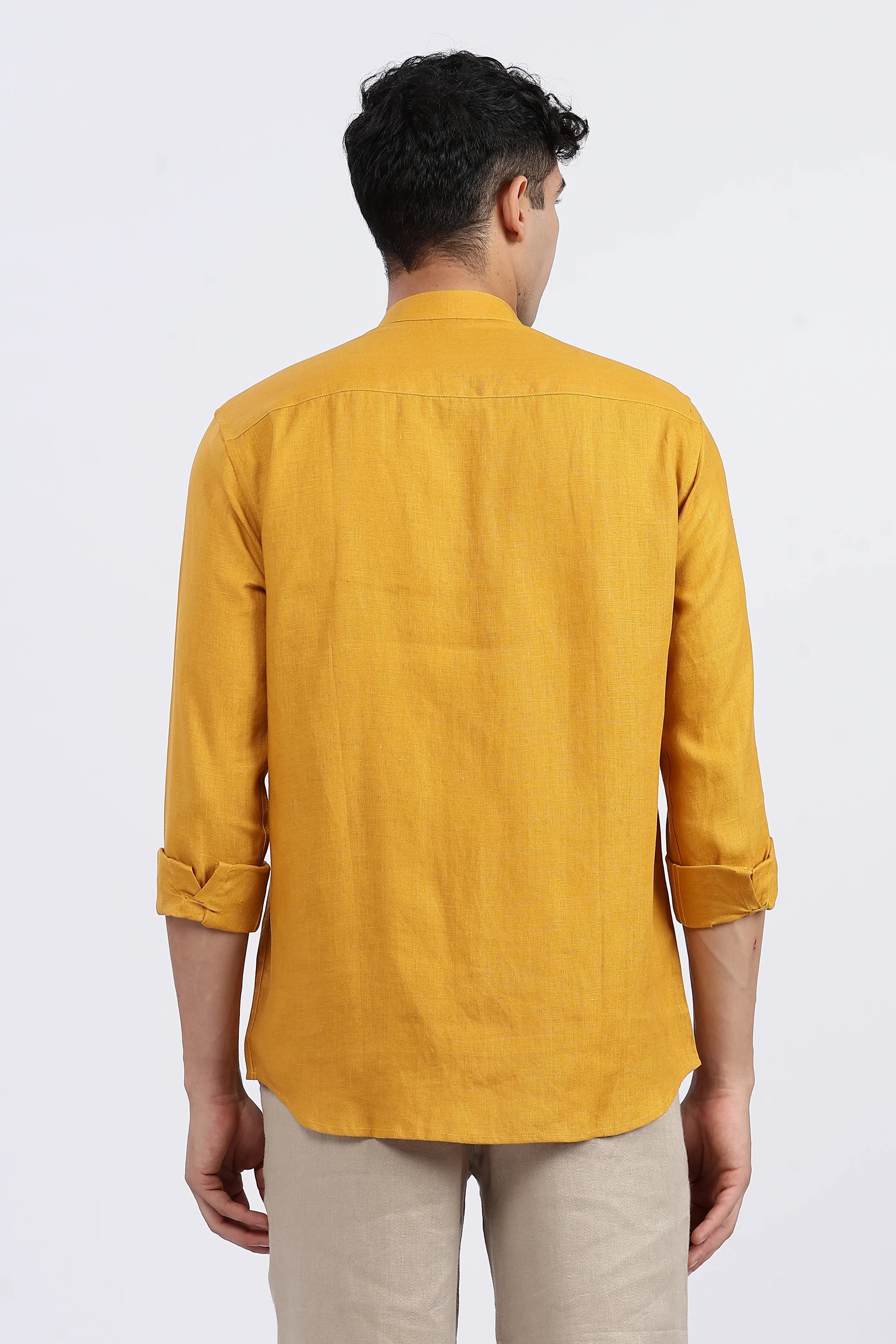 Men’s Mustard Yellow Mandarin Collar Linen Shirt – Full Sleeve | Linen Culture