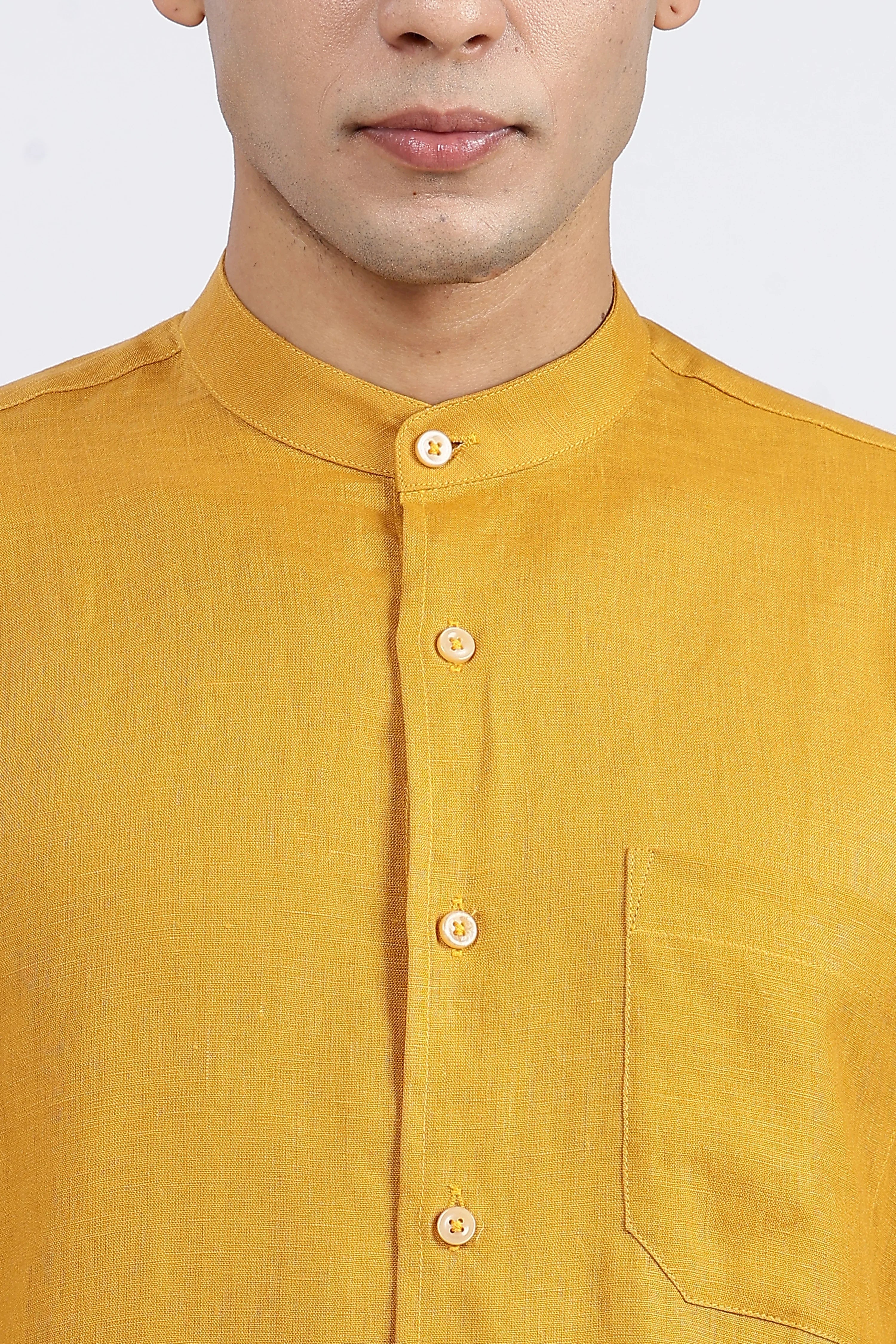 Men’s Mustard Yellow Mandarin Collar Linen Shirt – Full Sleeve | Linen Culture