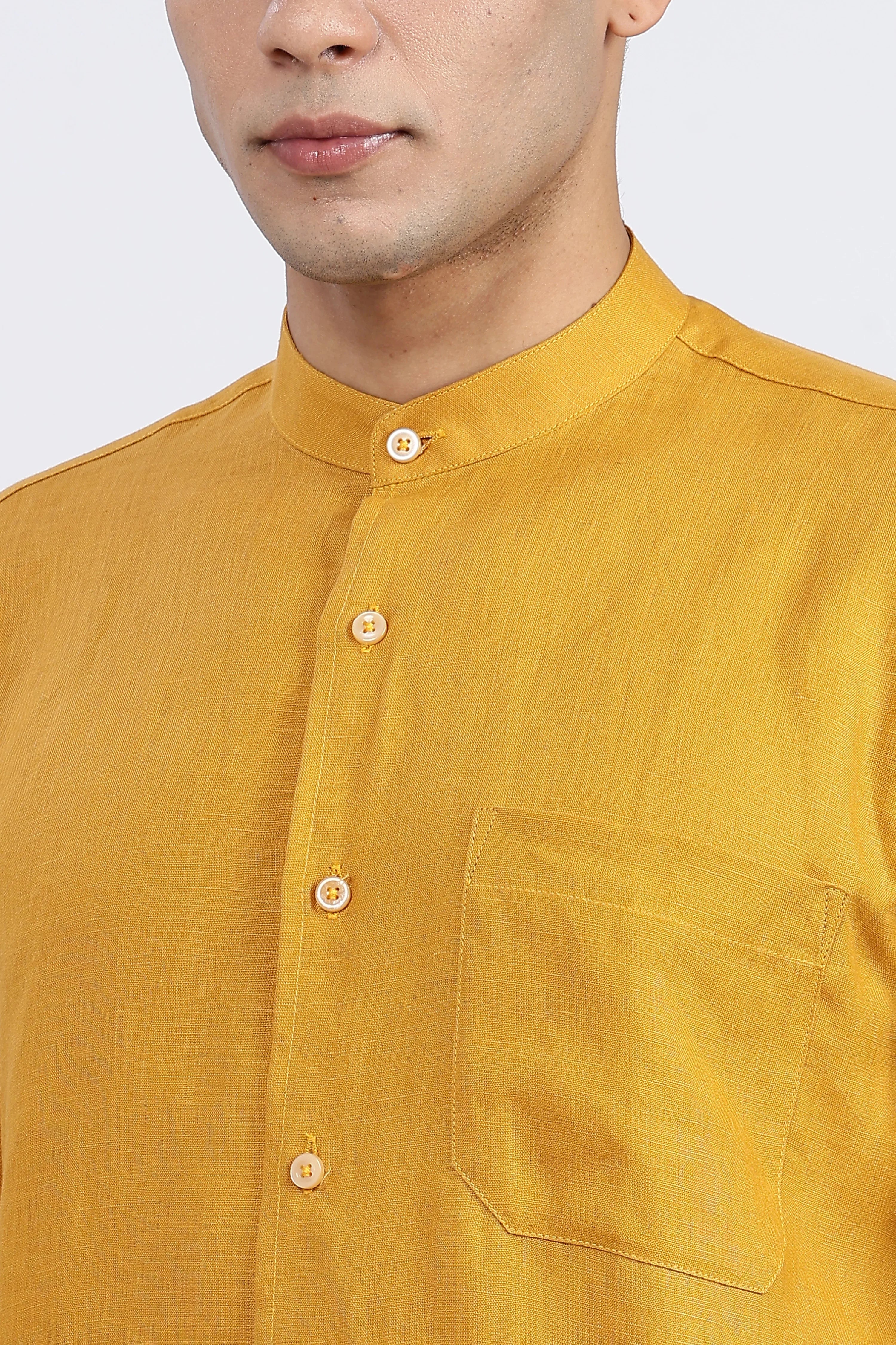 Men’s Mustard Yellow Mandarin Collar Linen Shirt – Full Sleeve | Linen Culture