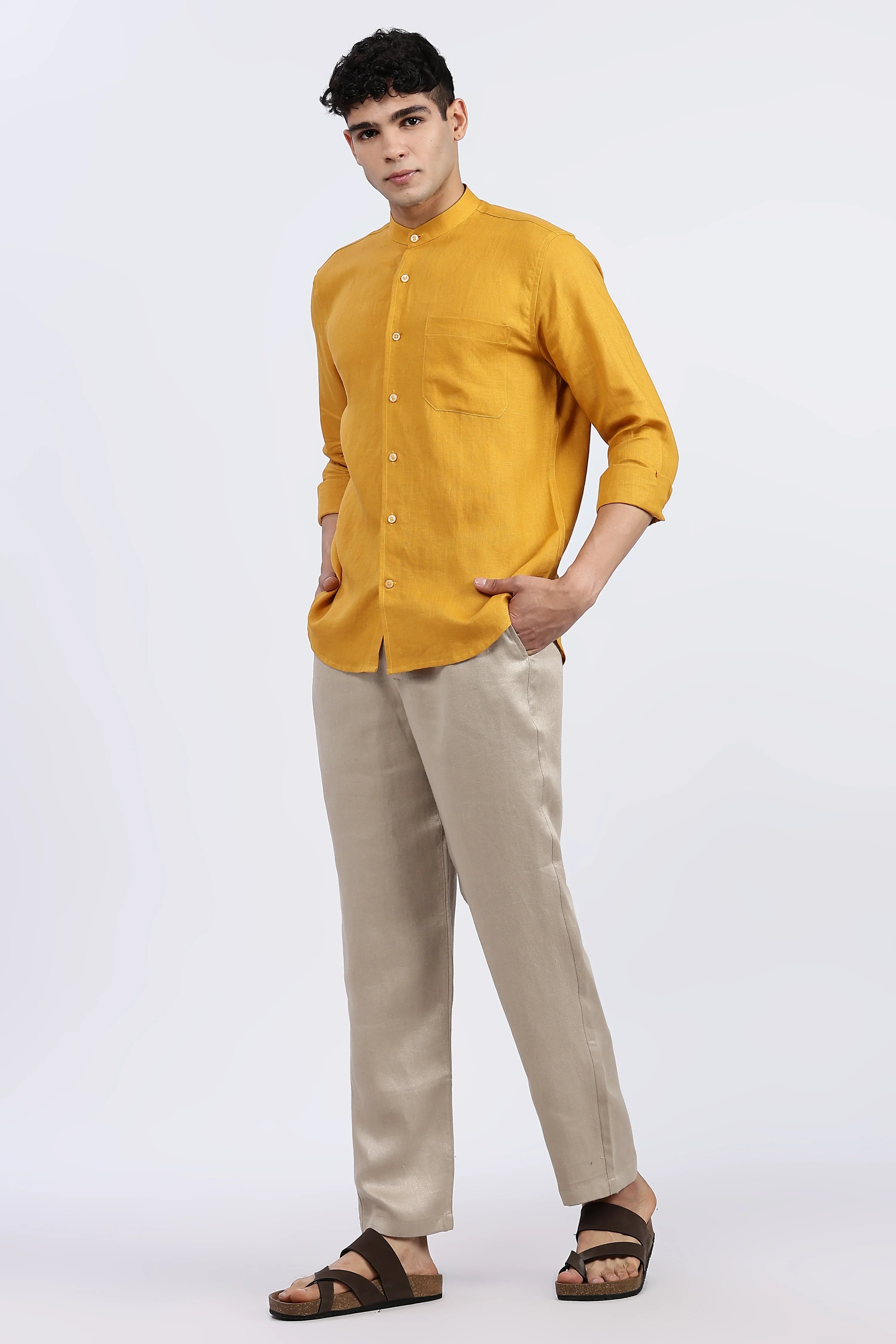 Men’s Mustard Yellow Mandarin Collar Linen Shirt – Full Sleeve | Linen Culture