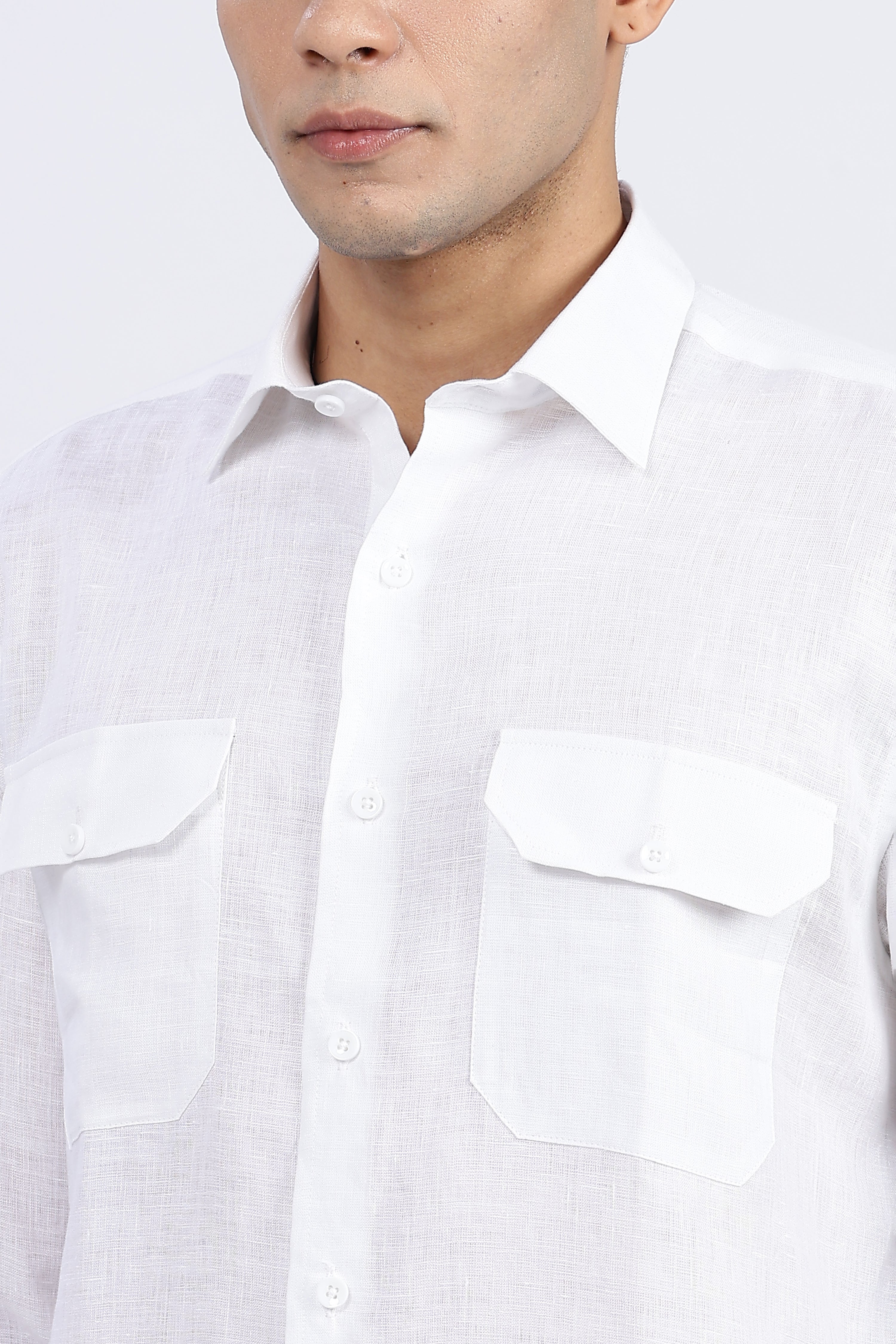 Men’s White Double Pocket Linen Shirt – Full Sleeve | Linen Culture