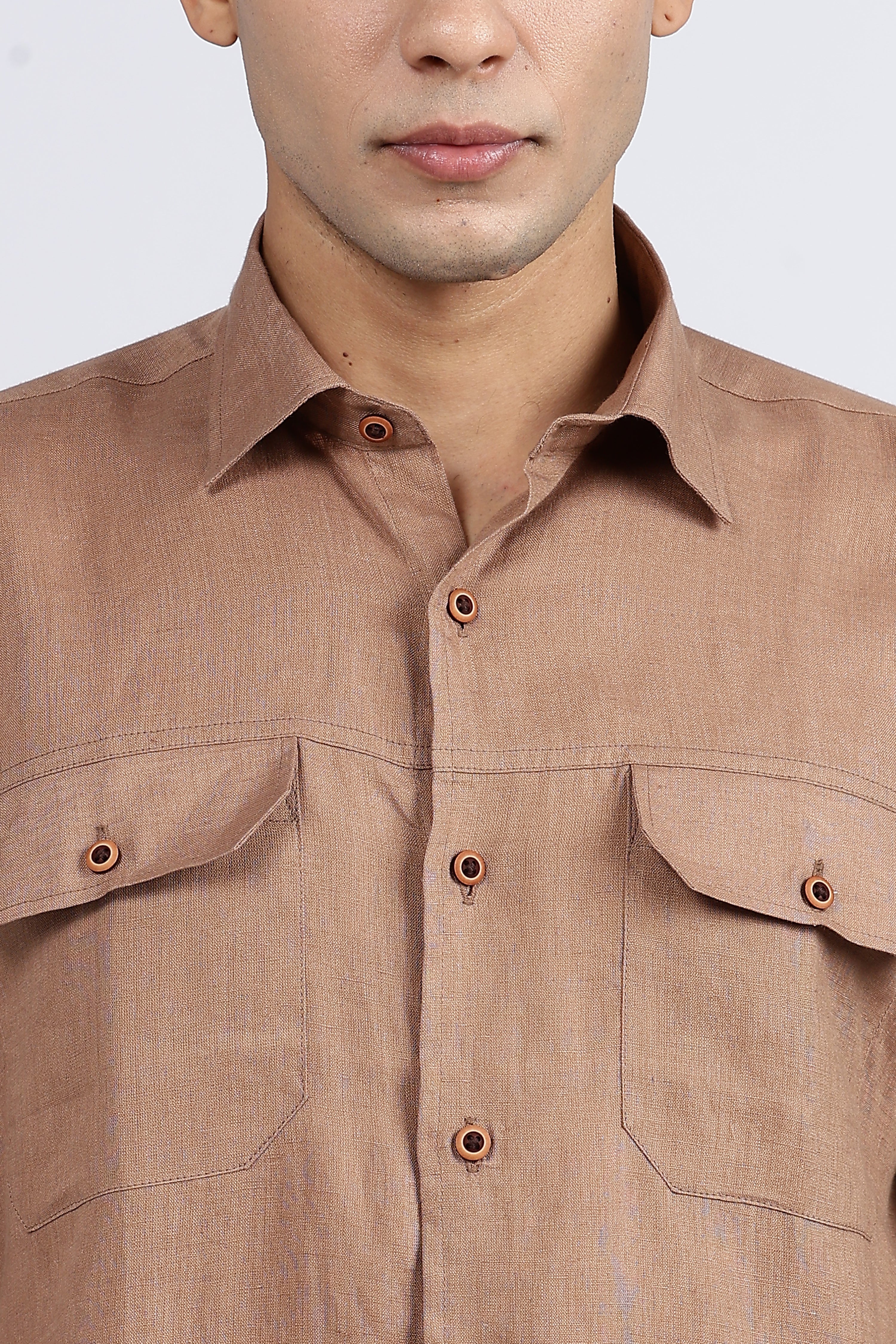 Men’s Brown Double Pocket Linen Shirt – Full Sleeve | Linen Culture