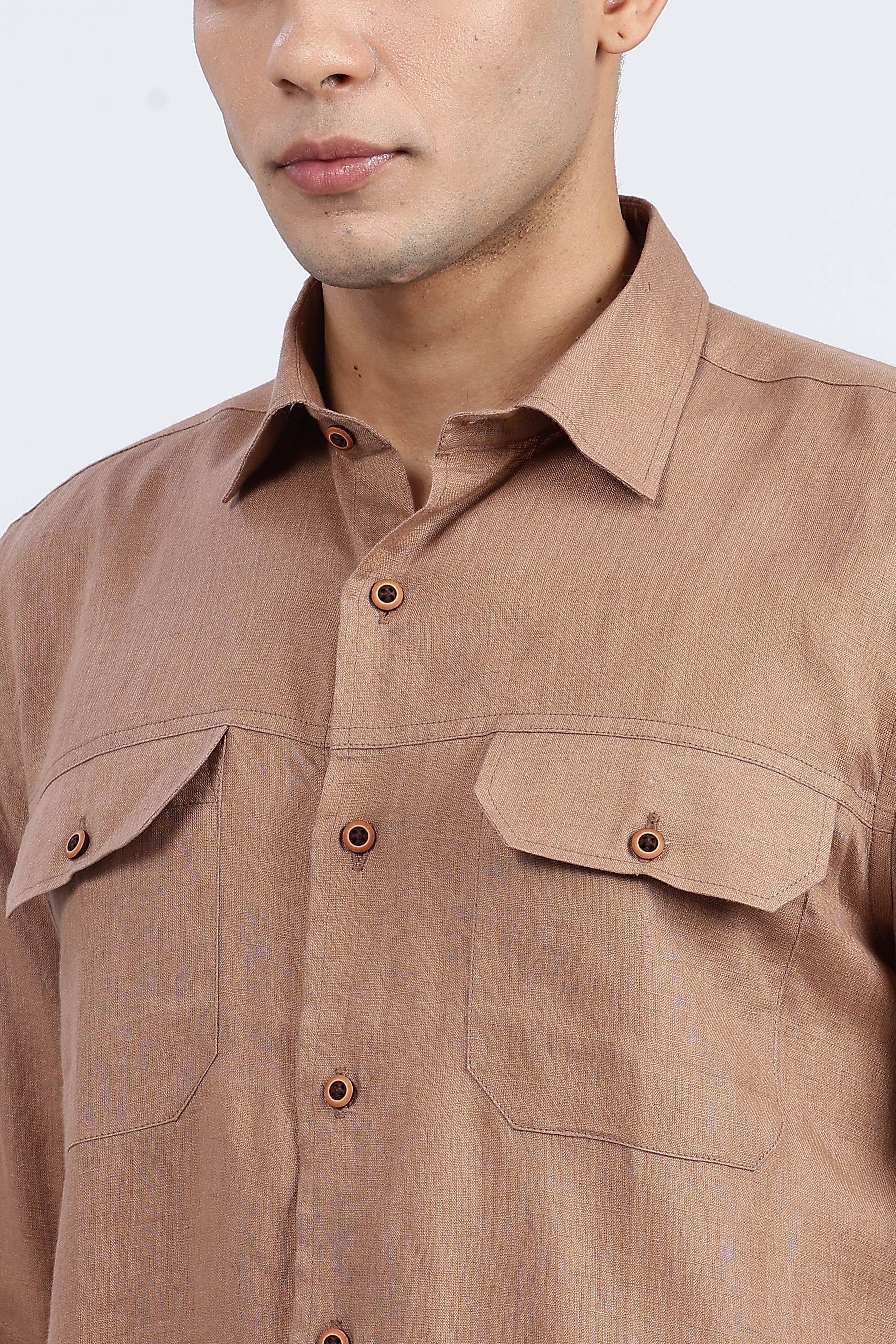 Men’s Brown Double Pocket Linen Shirt – Full Sleeve | Linen Culture