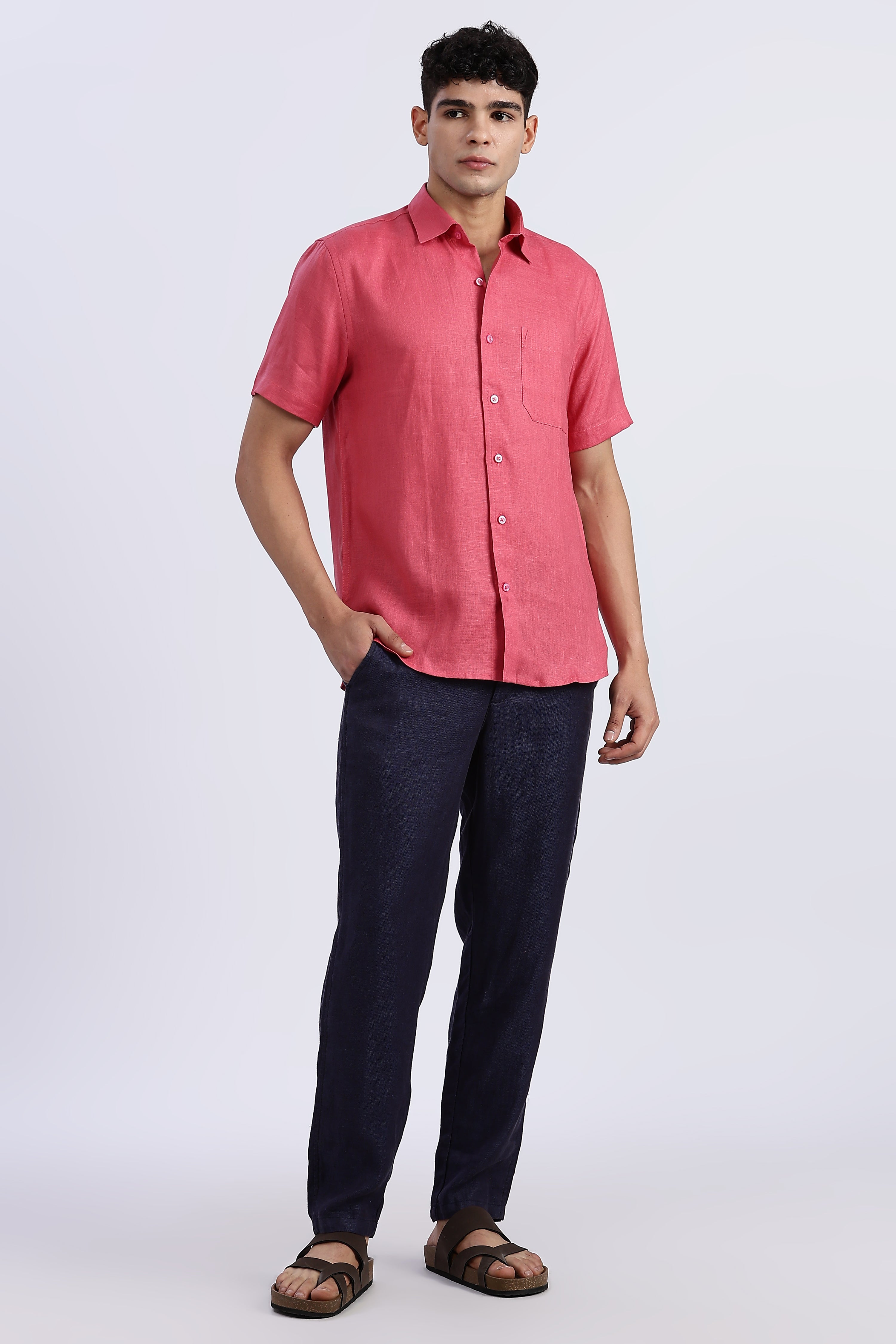 Men’s Coral Pink Half Sleeve Linen Shirt – 100% Pure Linen | Linen Culture