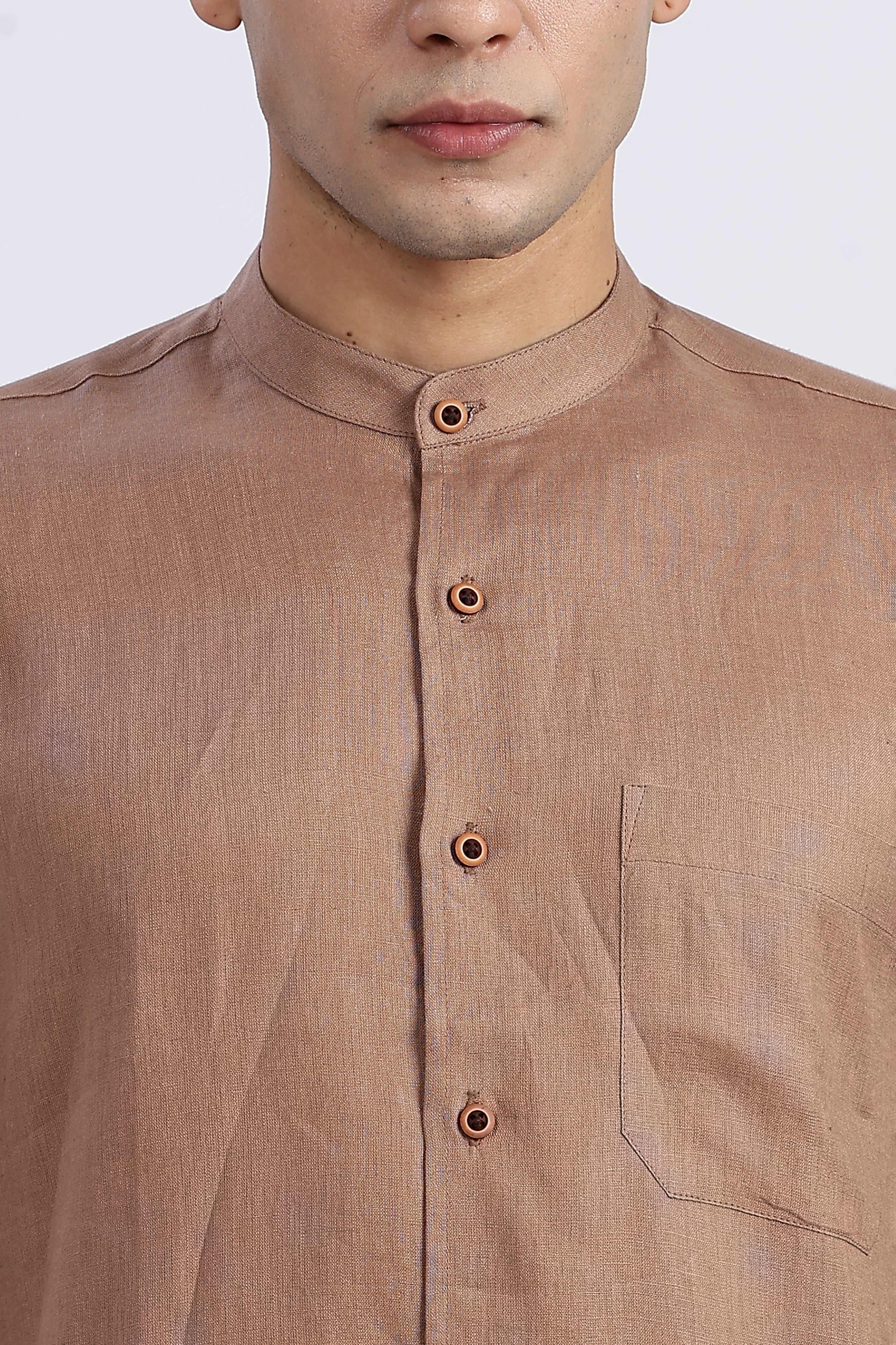 Men’s Brown Mandarin Collar Linen Shirt – Half Sleeve | Linen Culture