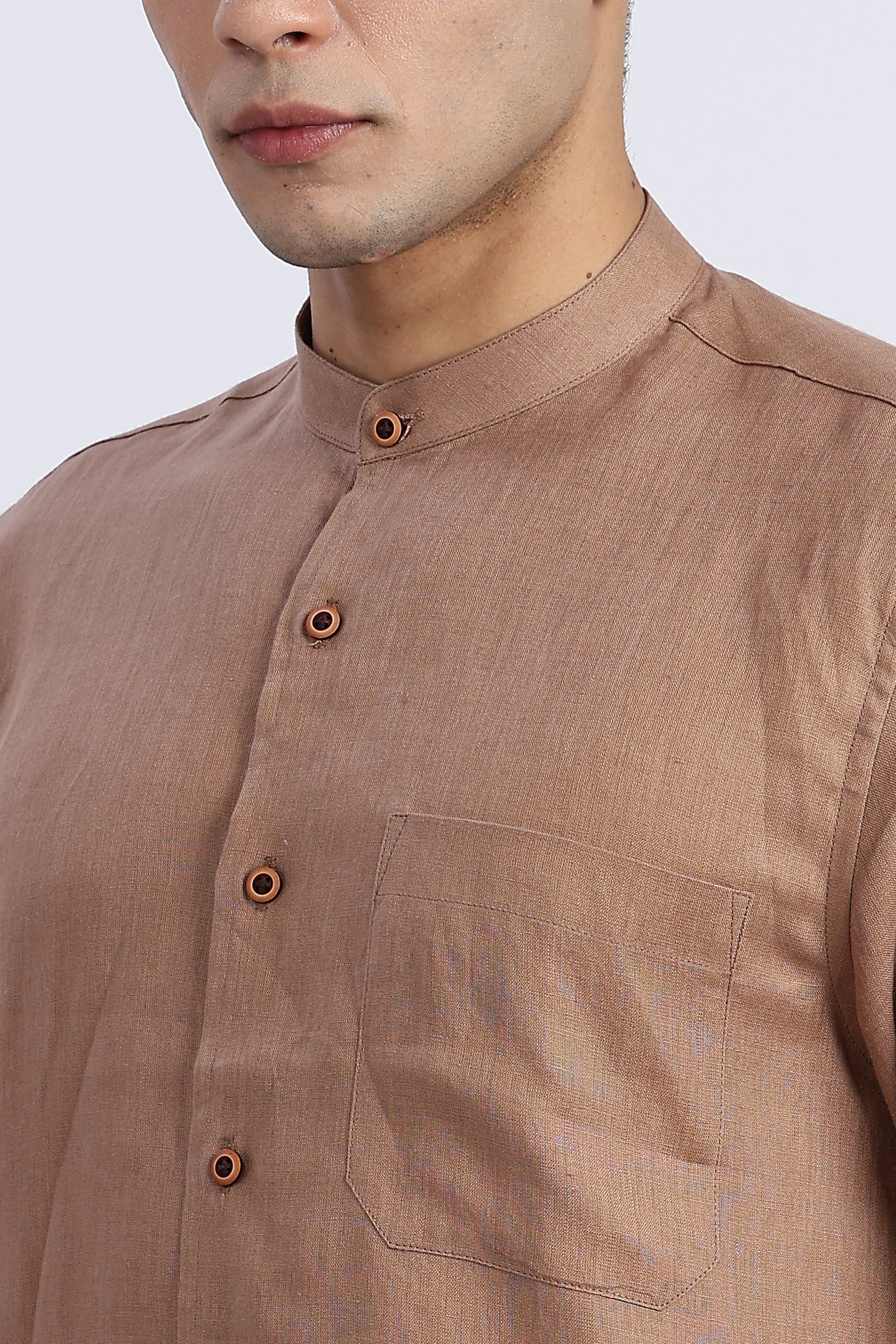 Men’s Brown Mandarin Collar Linen Shirt – Half Sleeve | Linen Culture