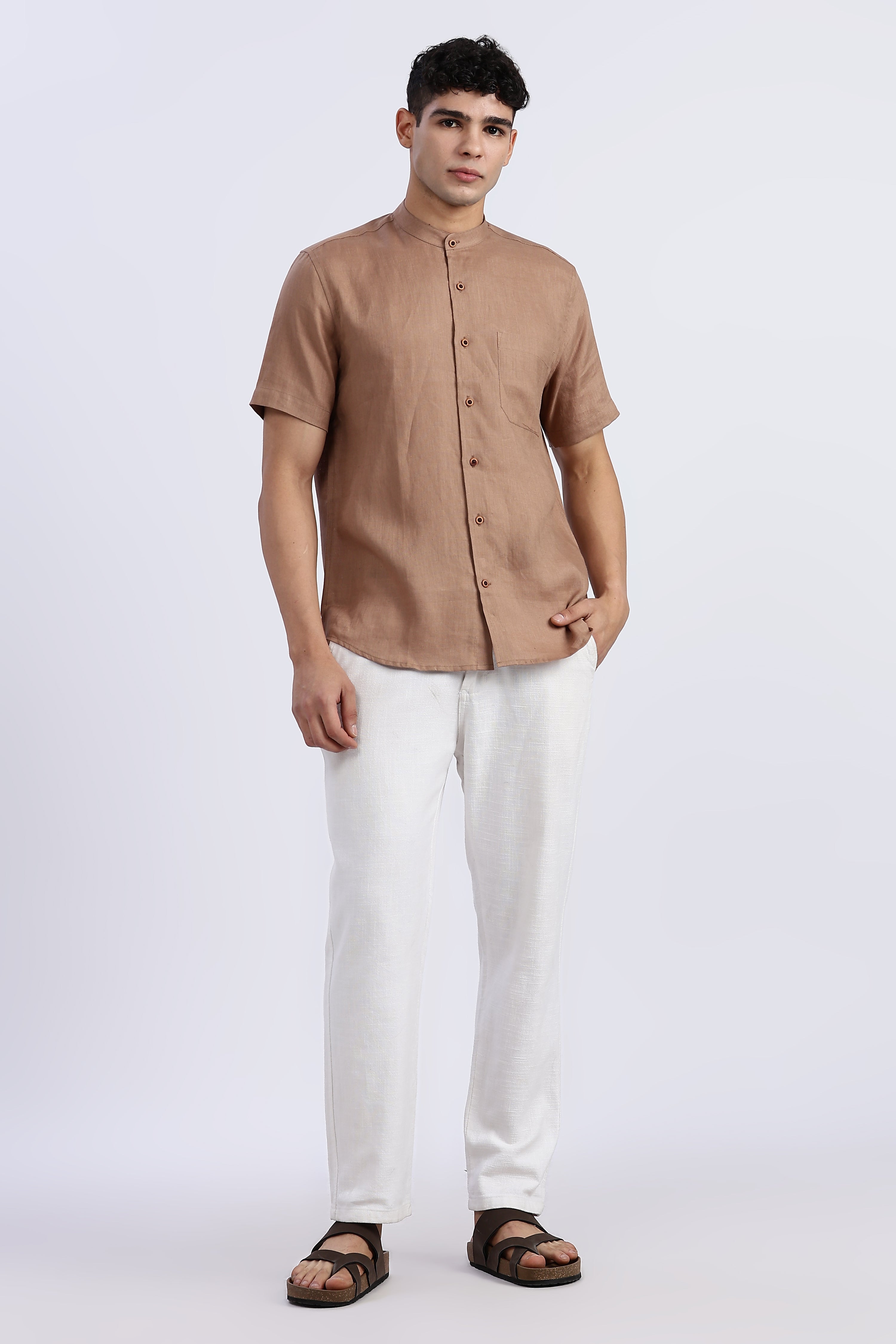 Men’s Brown Mandarin Collar Linen Shirt – Half Sleeve | Linen Culture