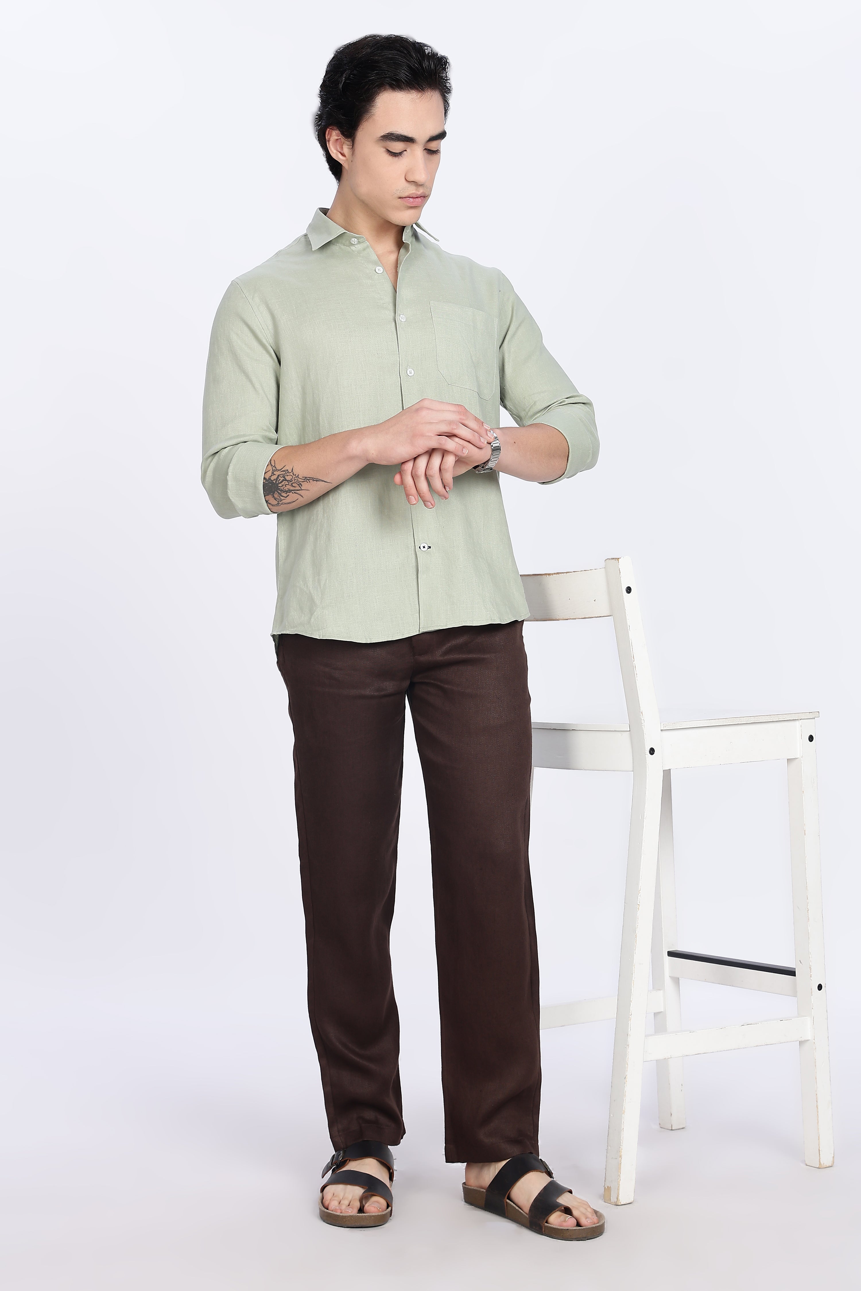 Men’s Sage Green Full Sleeve Linen Shirt – 100% Pure Linen | Linen Culture