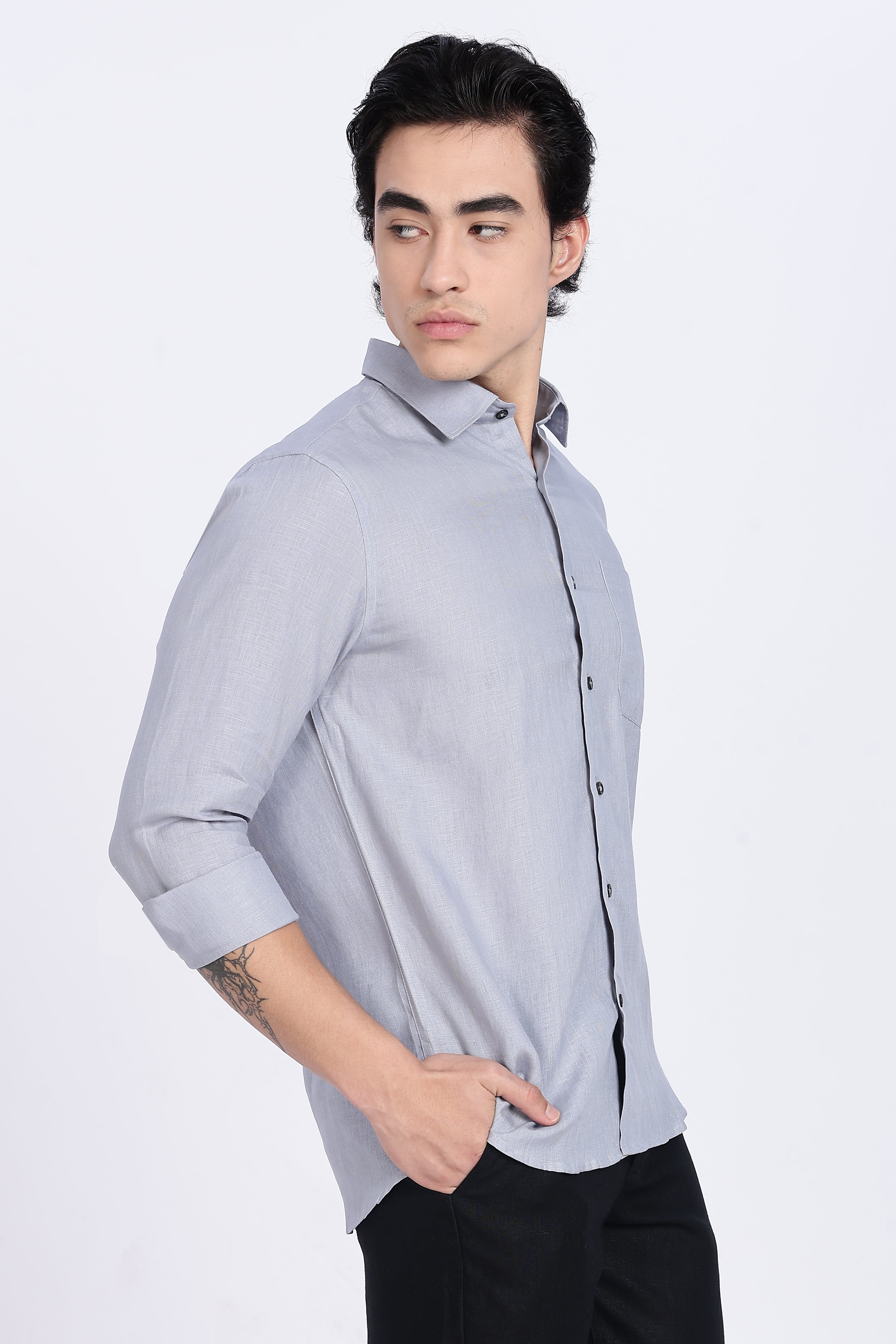 Men’s Light Grey Full Sleeve Linen Shirt – 100% Pure Linen | Linen Culture