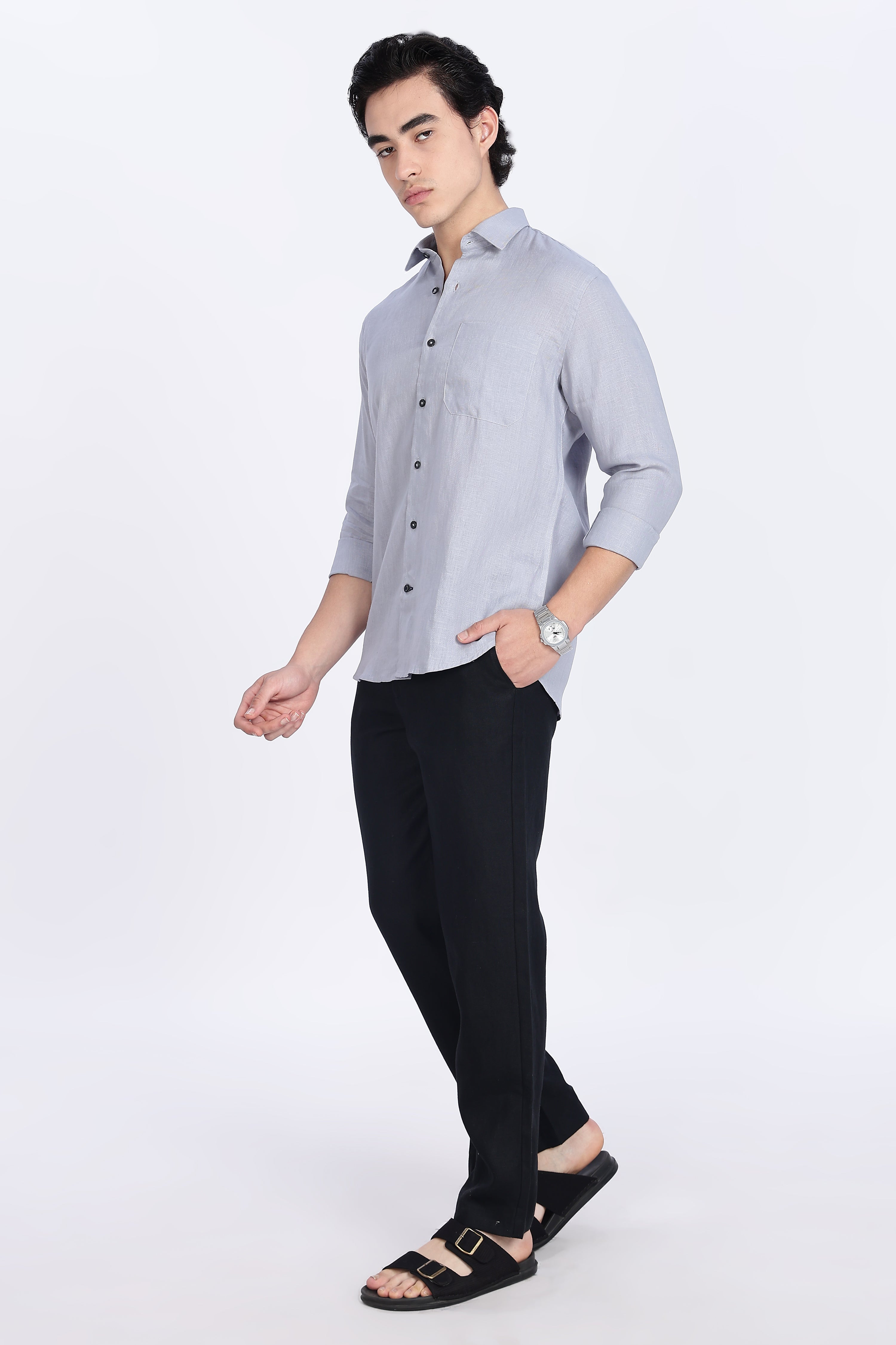 Men’s Light Grey Full Sleeve Linen Shirt – 100% Pure Linen | Linen Culture