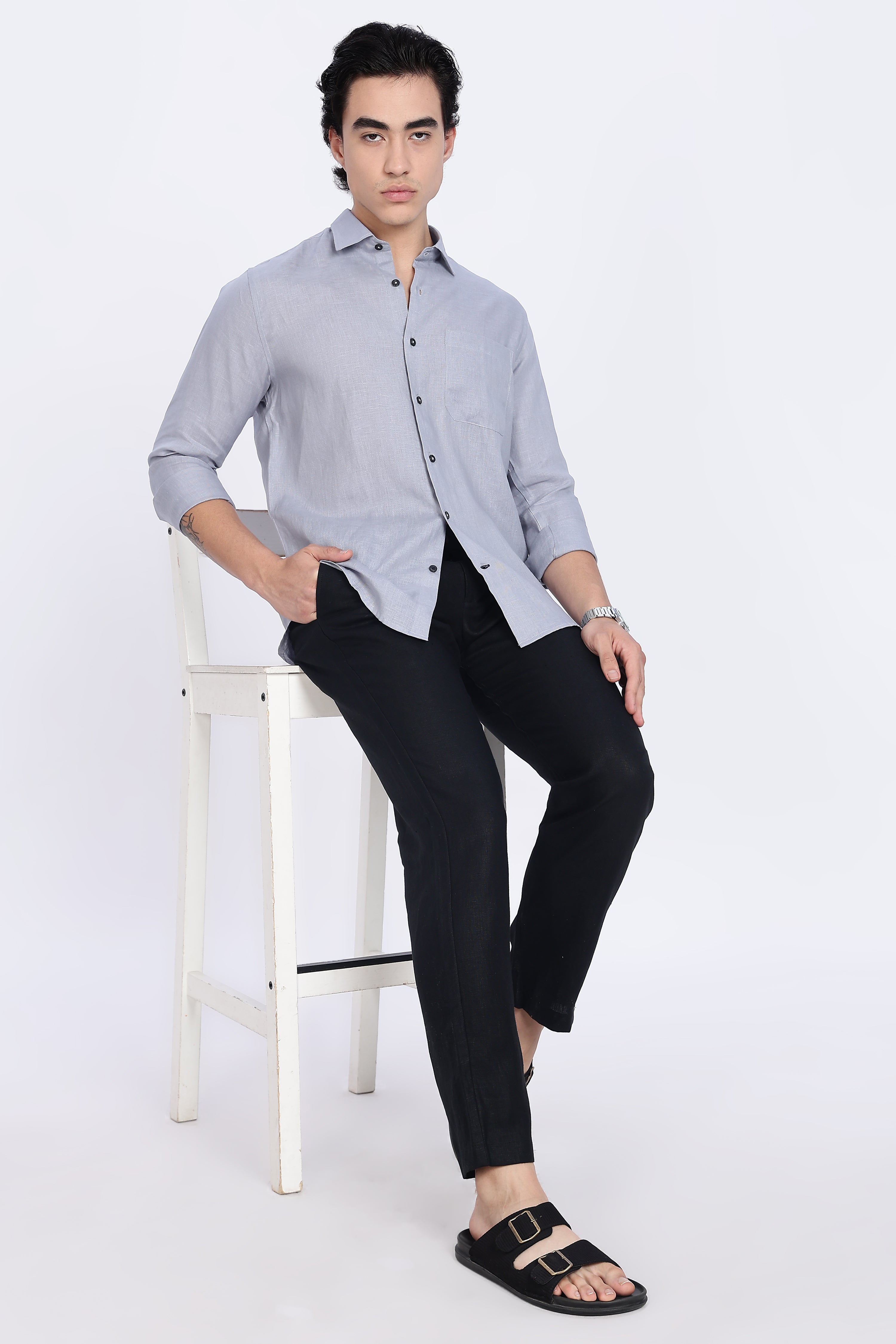 Men’s Light Grey Full Sleeve Linen Shirt – 100% Pure Linen | Linen Culture