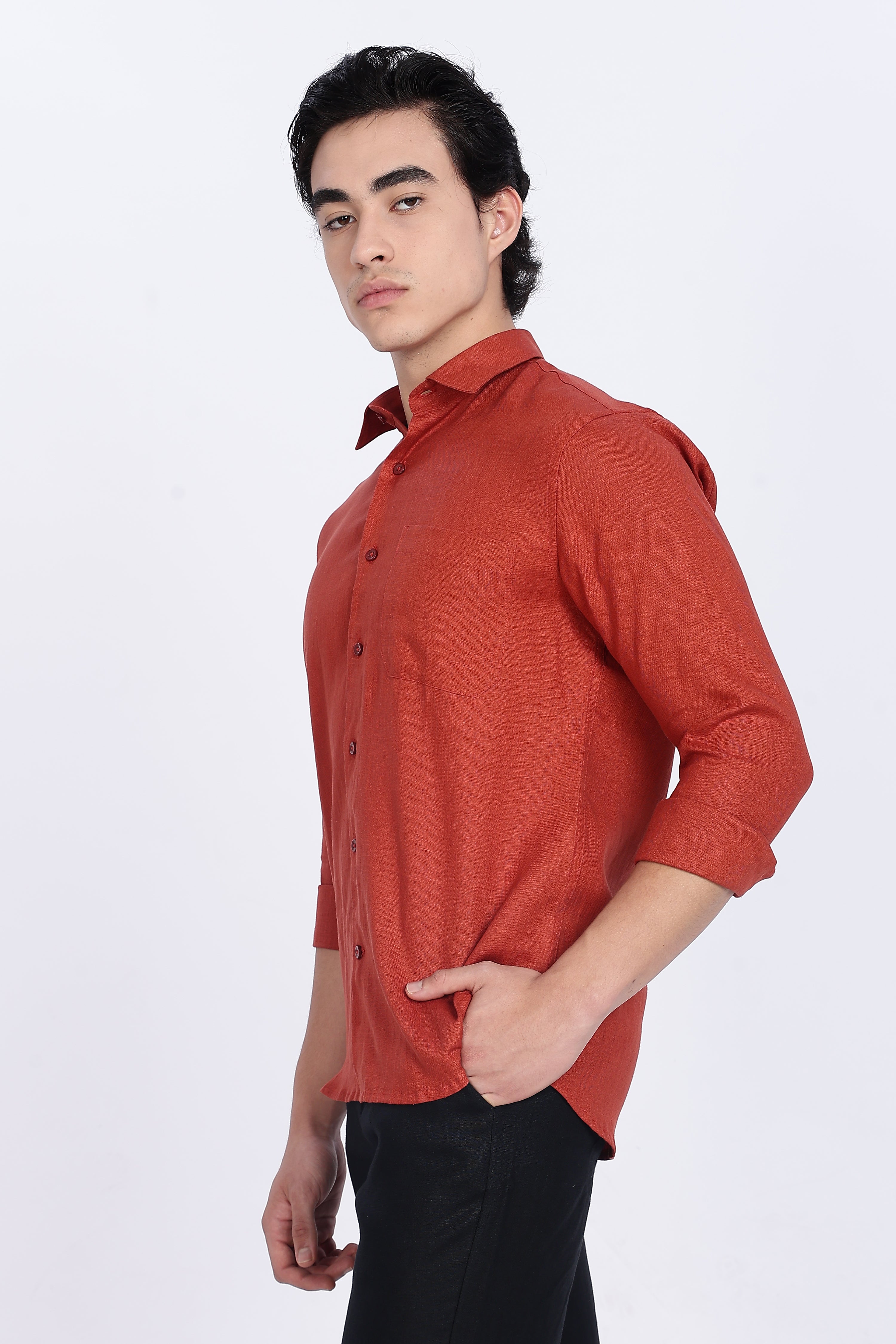 Men’s Premium Full Sleeve Linen Shirt – Rust Red | Linen Culture