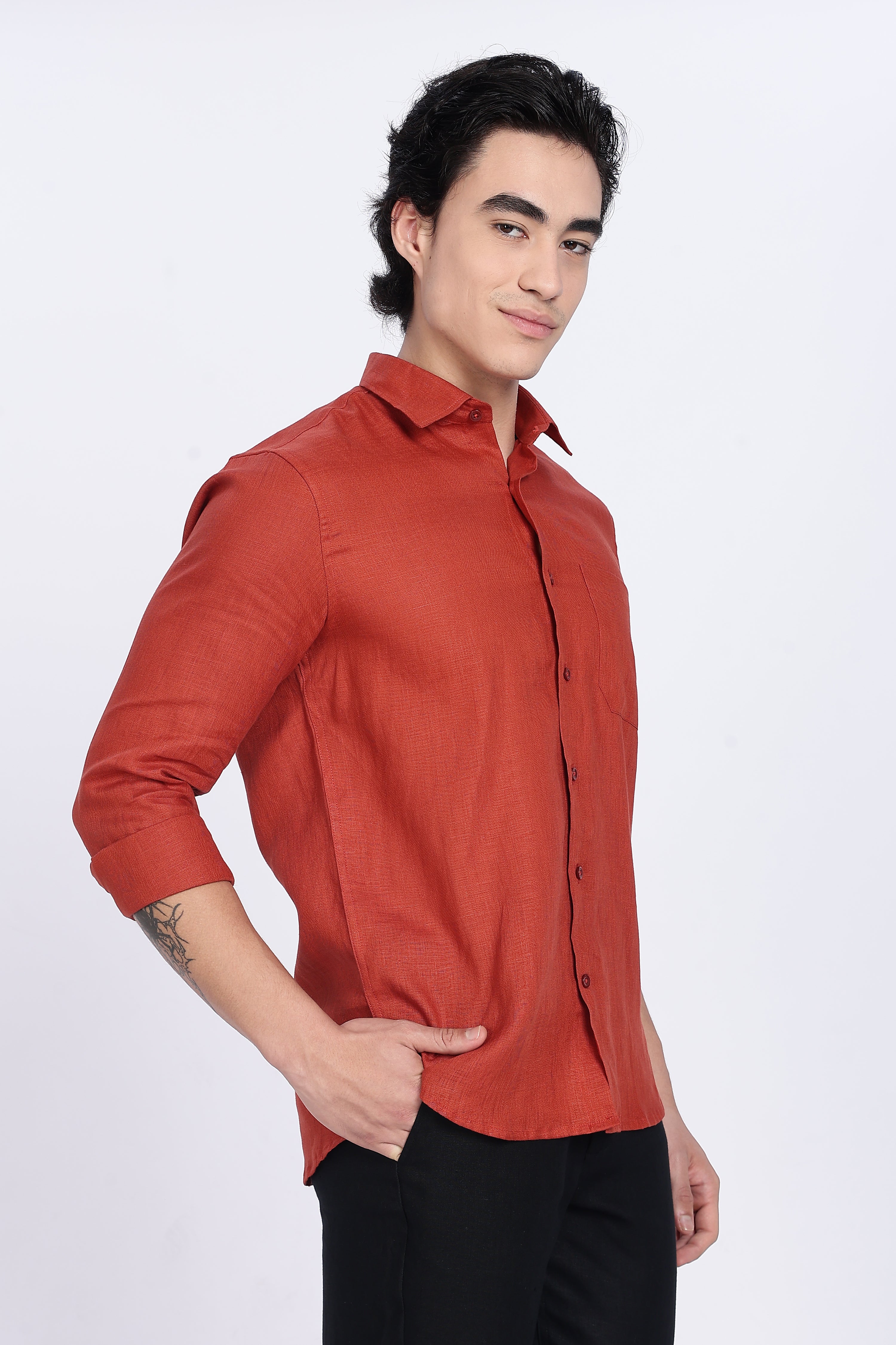 Men’s Premium Full Sleeve Linen Shirt – Rust Red | Linen Culture
