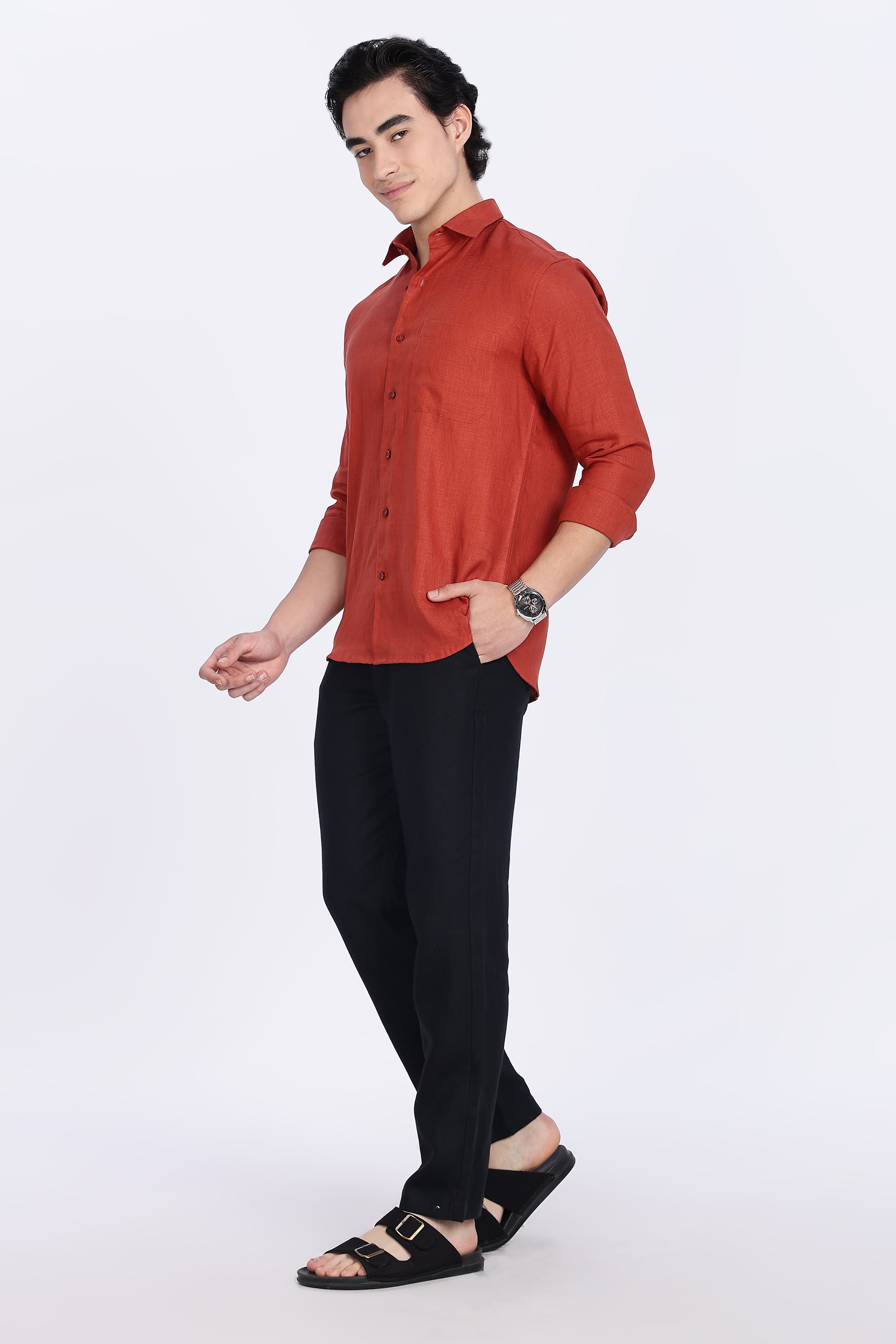 Men’s Premium Full Sleeve Linen Shirt – Rust Red | Linen Culture