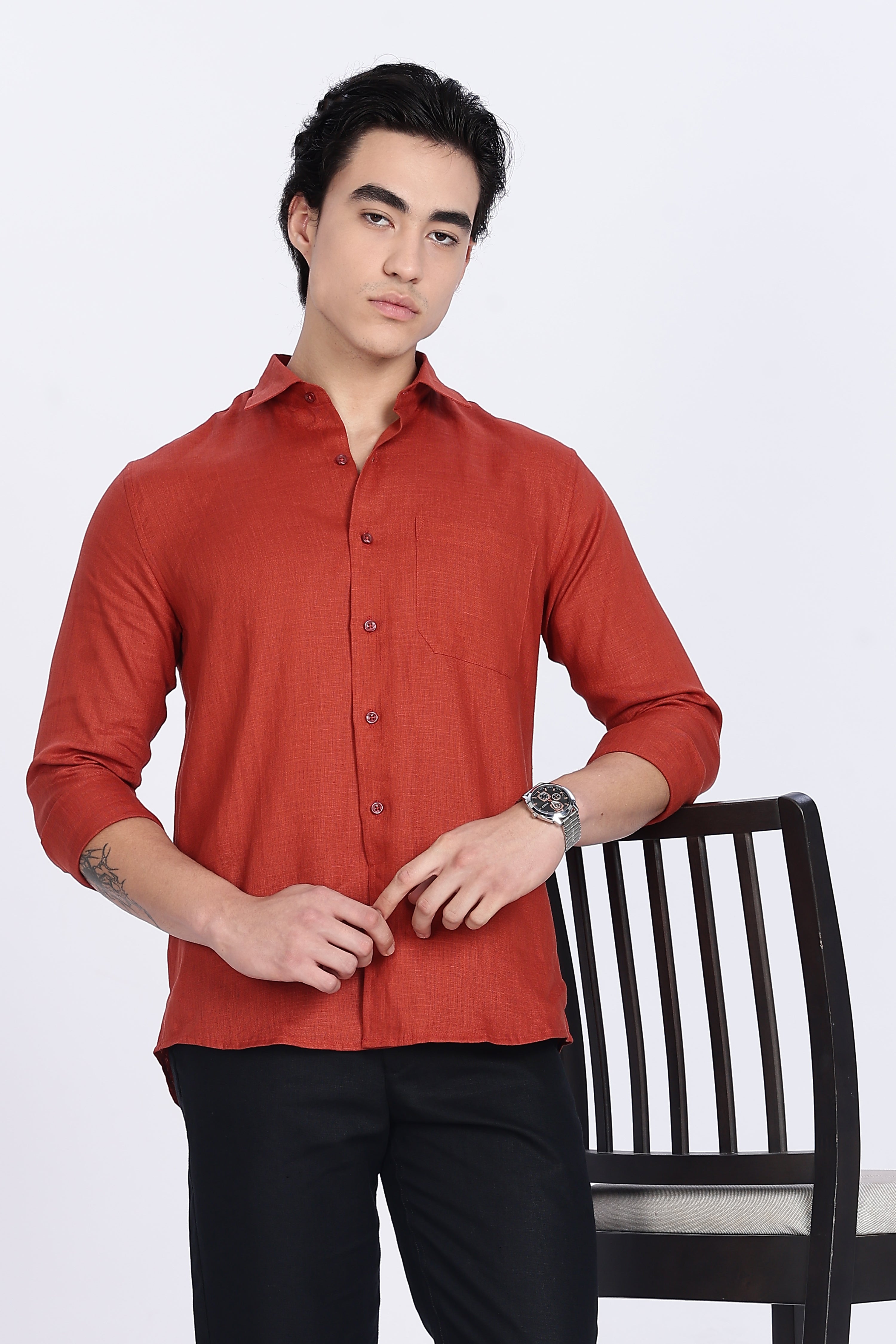 Men’s Premium Full Sleeve Linen Shirt – Rust Red | Linen Culture