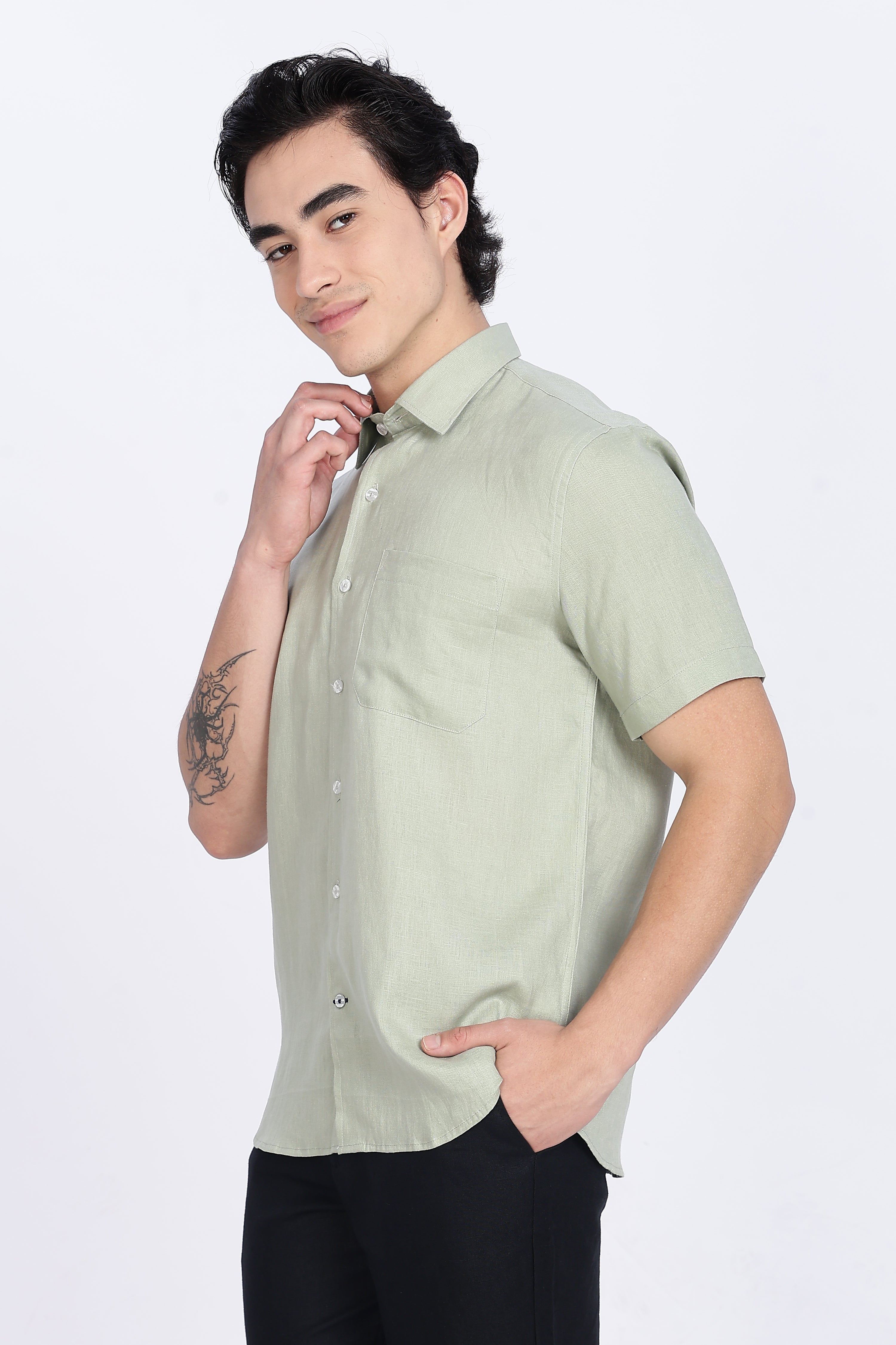 Men’s Sage Green Half Sleeve Linen Shirt – 100% Pure Linen | Linen Culture
