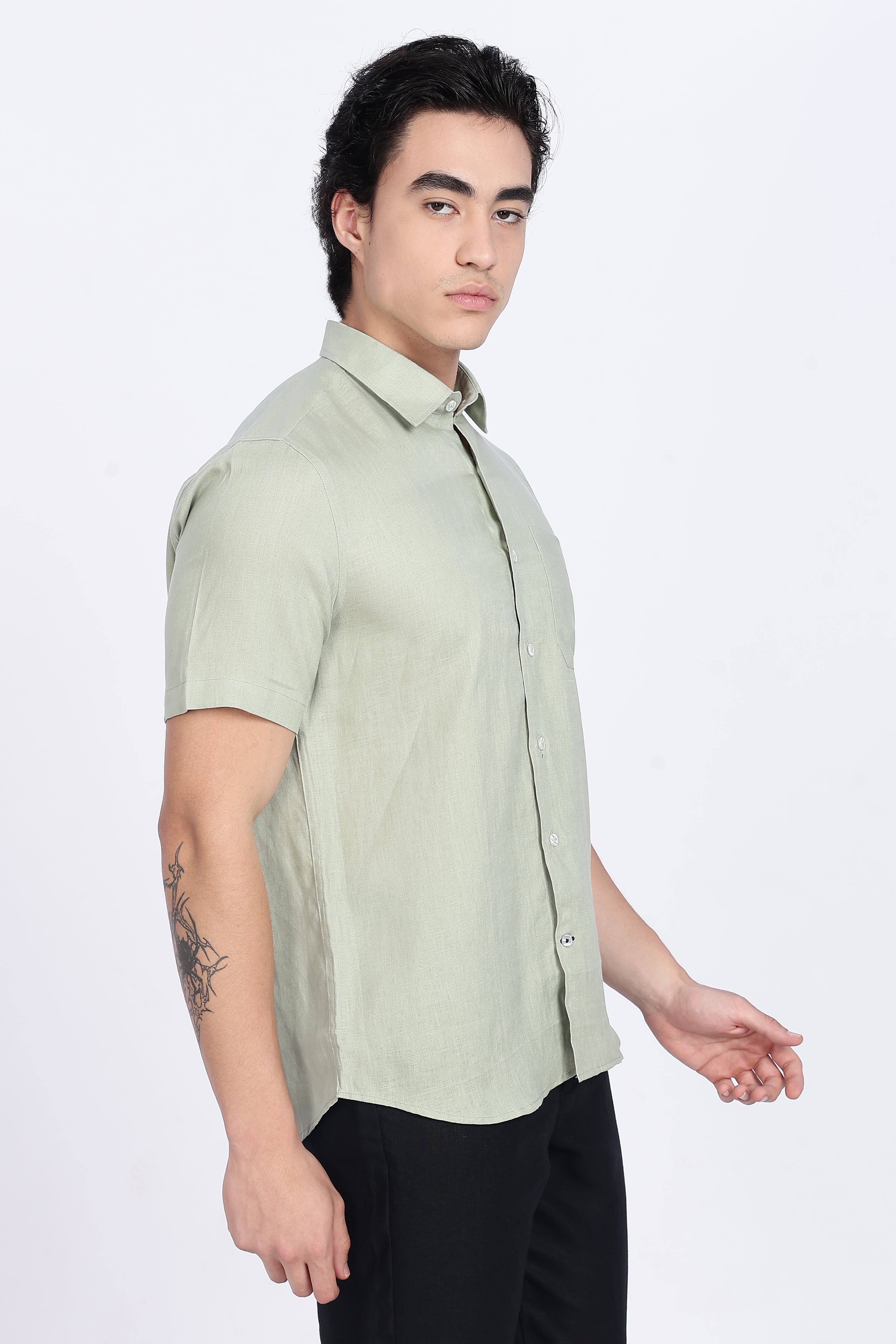 Men’s Sage Green Half Sleeve Linen Shirt – 100% Pure Linen | Linen Culture
