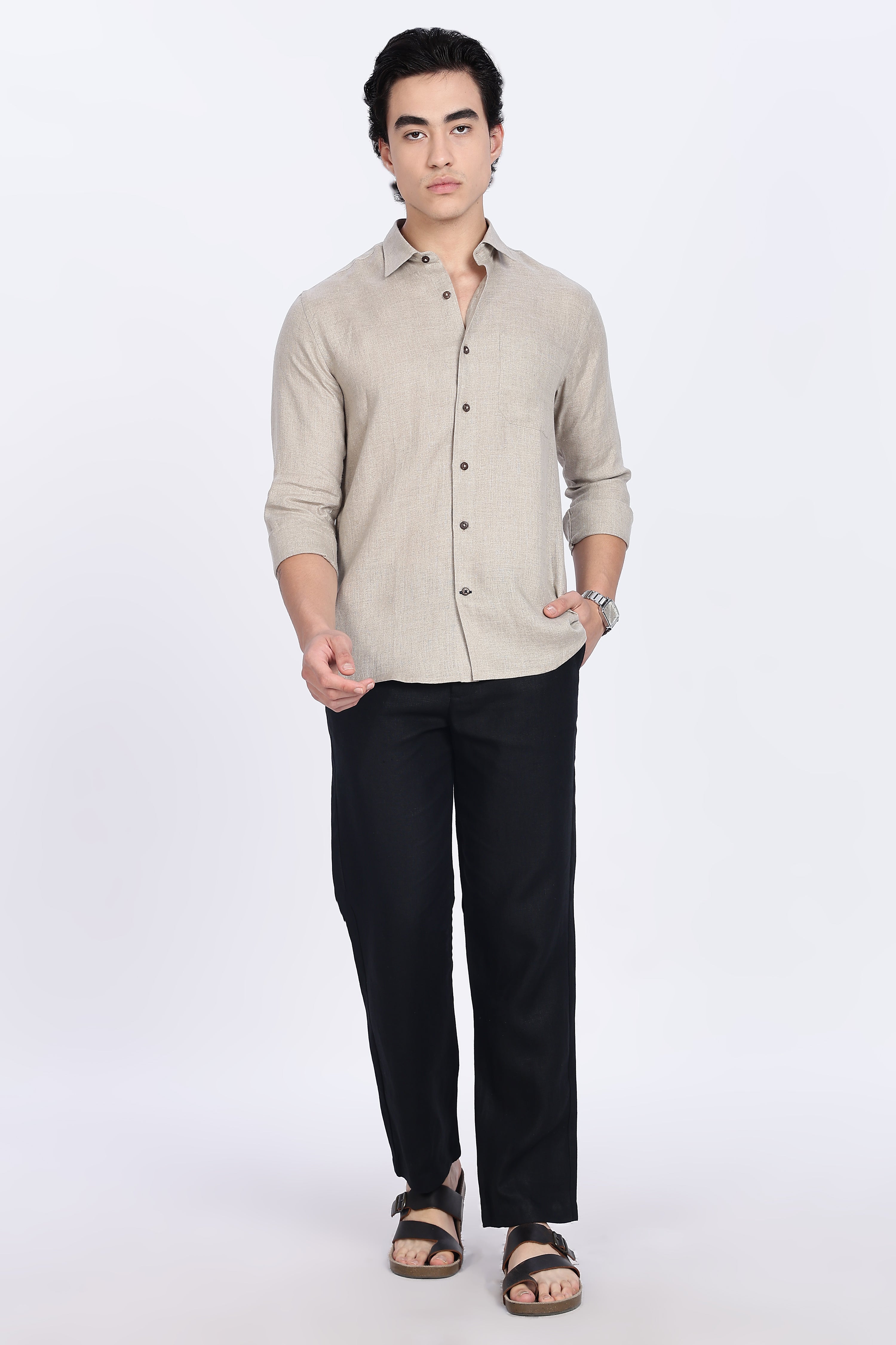 Men’s Beige Full Sleeve Linen Shirt – 100% Pure Linen | Linen Culture